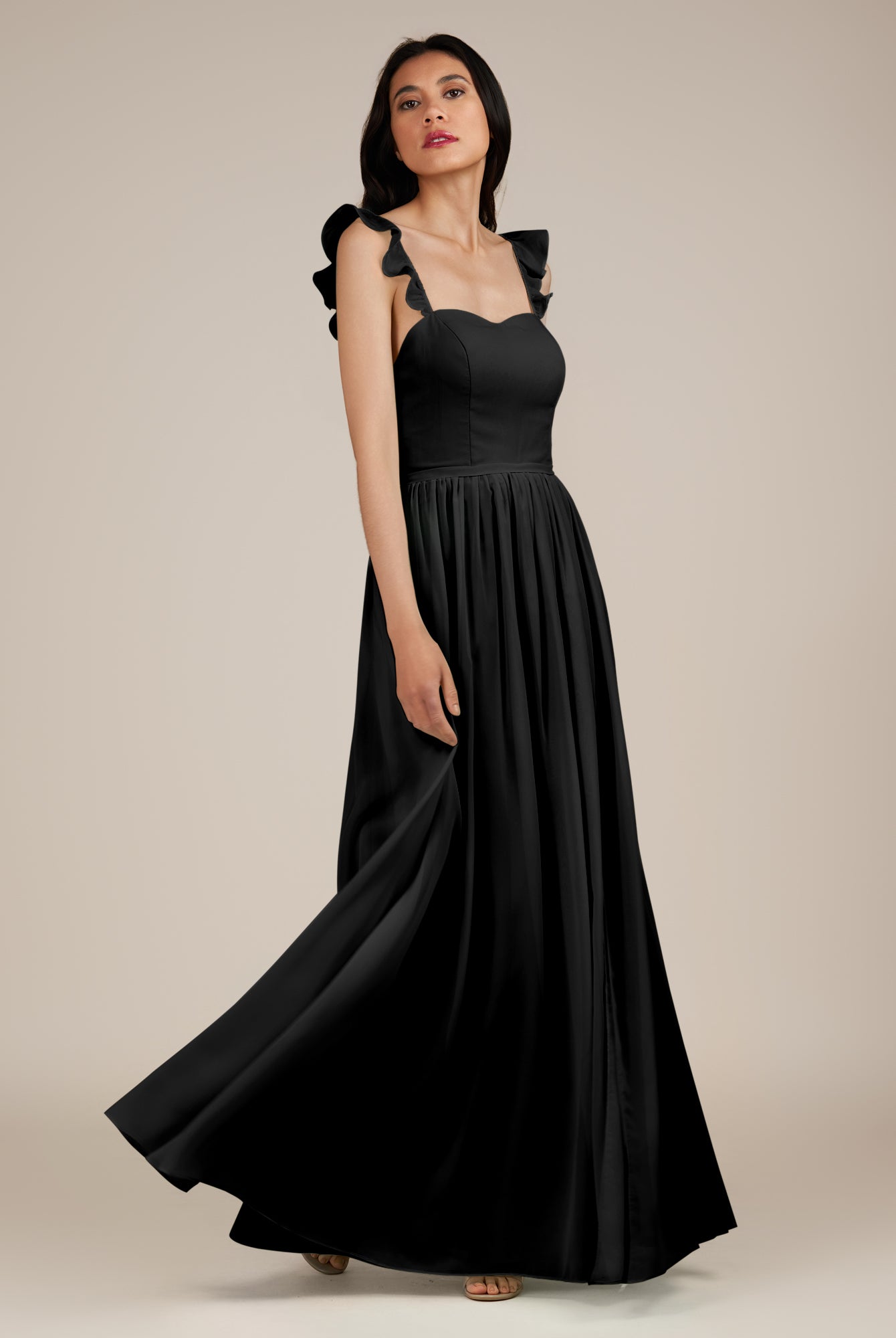 KissDress-Onyx Black A Line Sweetheart Chiffon Ruffled Long Bridesmaid Dress with Slit