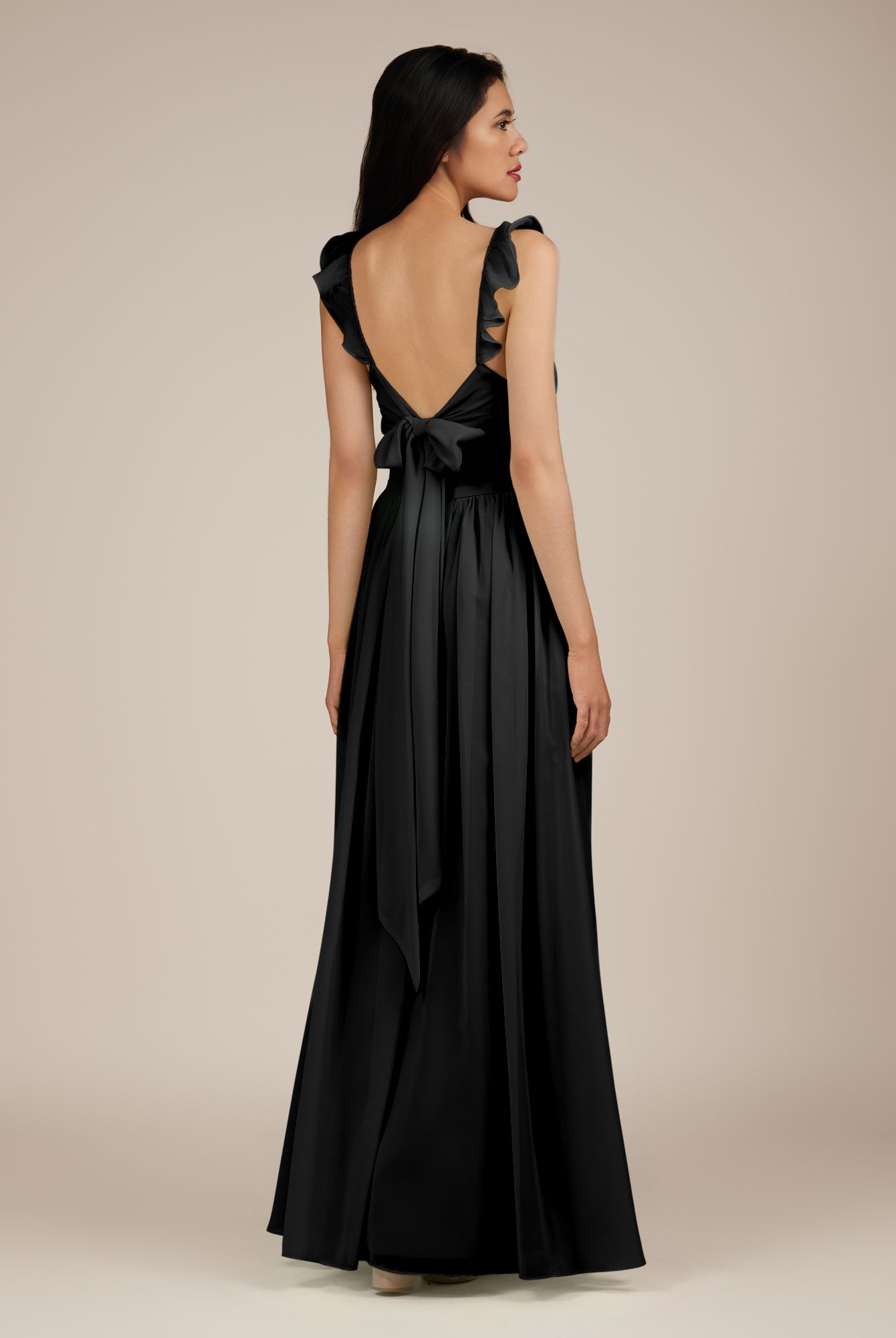 KissDress-Onyx Black A Line Sweetheart Chiffon Ruffled Long Bridesmaid Dress with Slit