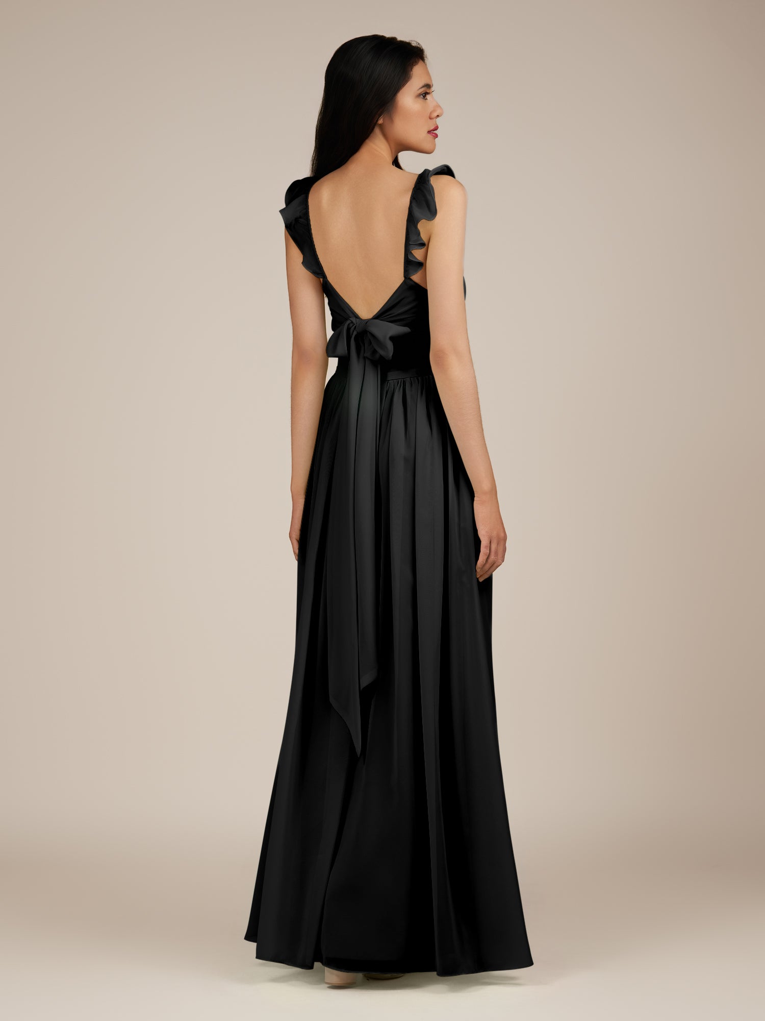 KissDress-Onyx Black A Line Sweetheart Chiffon Ruffled Long Bridesmaid Dress with Slit