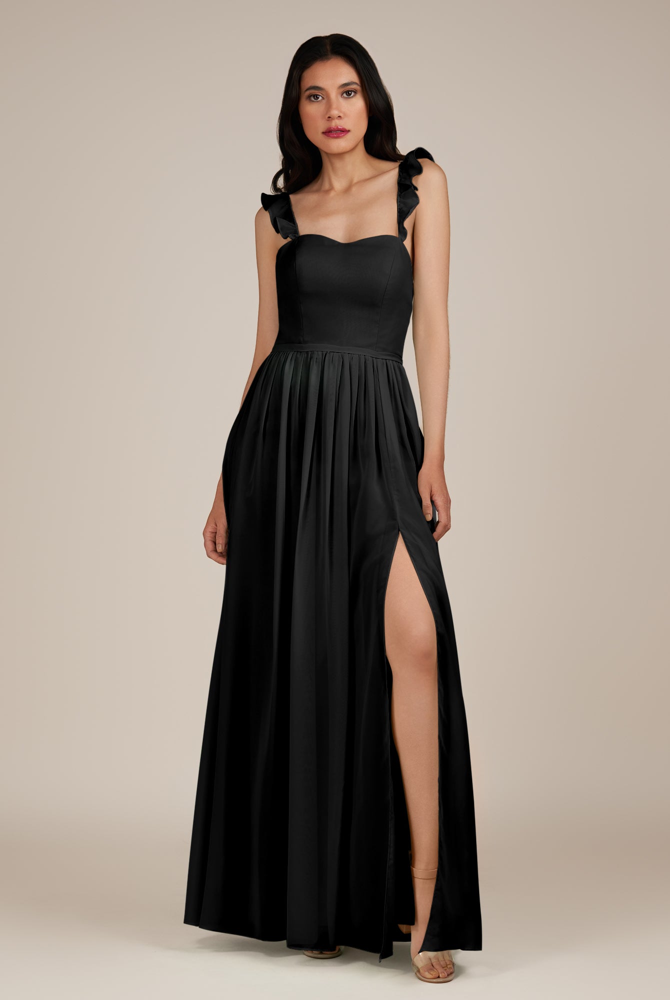 KissDress-Onyx Black A Line Sweetheart Chiffon Ruffled Long Bridesmaid Dress with Slit