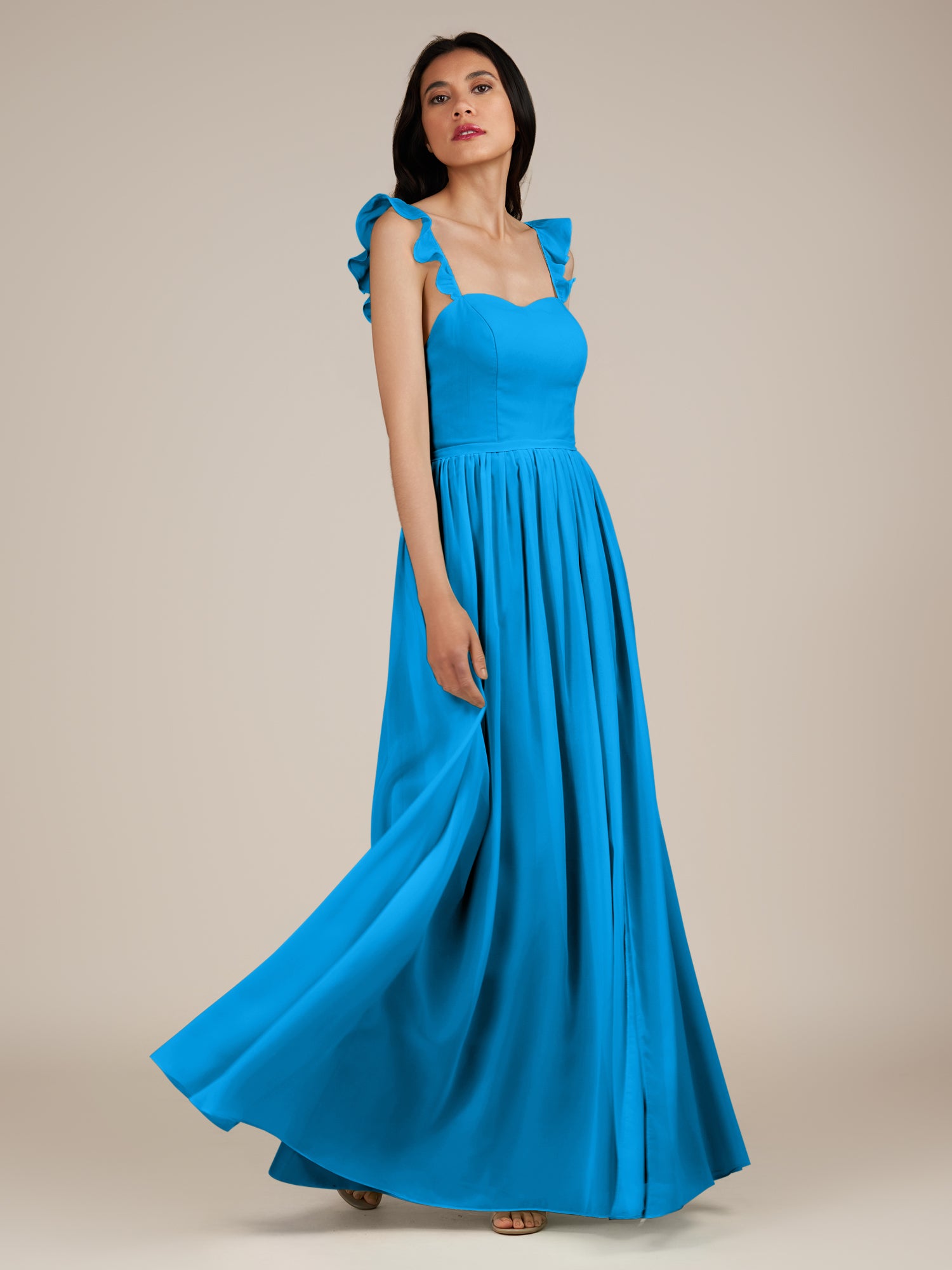 KissDress-Onyx Blue Jay A Line Sweetheart Chiffon Ruffled Long Bridesmaid Dress with Slit