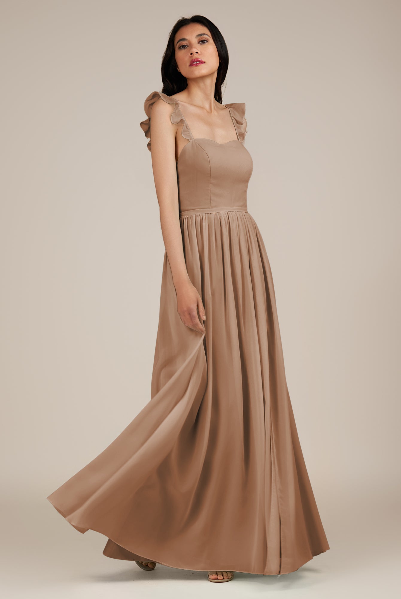 KissDress-Onyx Bronzer A Line Sweetheart Chiffon Ruffled Long Bridesmaid Dress with Slit
