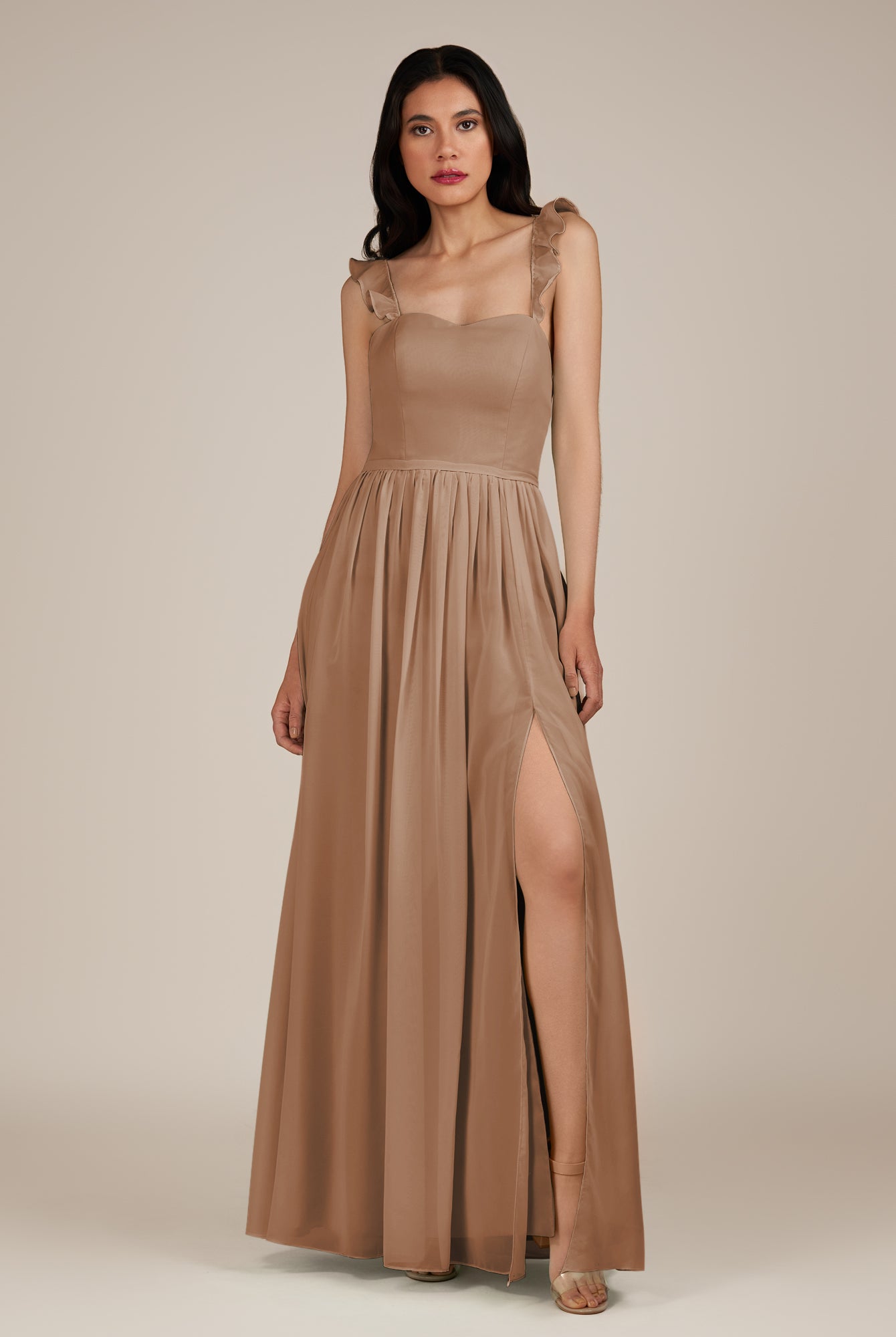 KissDress-Onyx Bronzer A Line Sweetheart Chiffon Ruffled Long Bridesmaid Dress with Slit