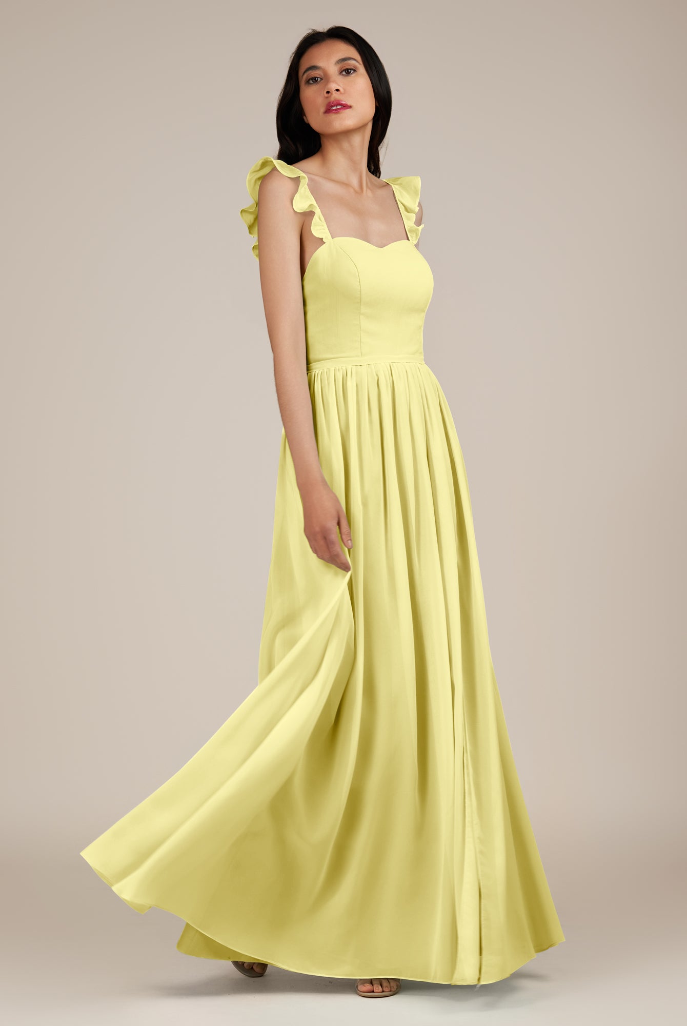 KissDress-Onyx Buttercup A Line Sweetheart Chiffon Ruffled Long Bridesmaid Dress with Slit
