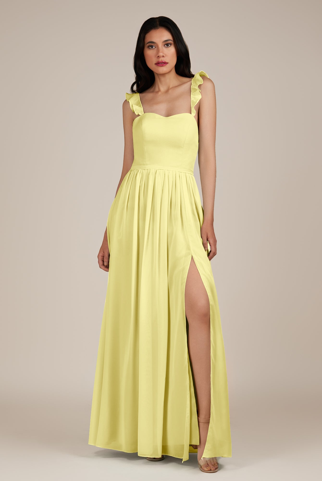 KissDress-Onyx Buttercup A Line Sweetheart Chiffon Ruffled Long Bridesmaid Dress with Slit
