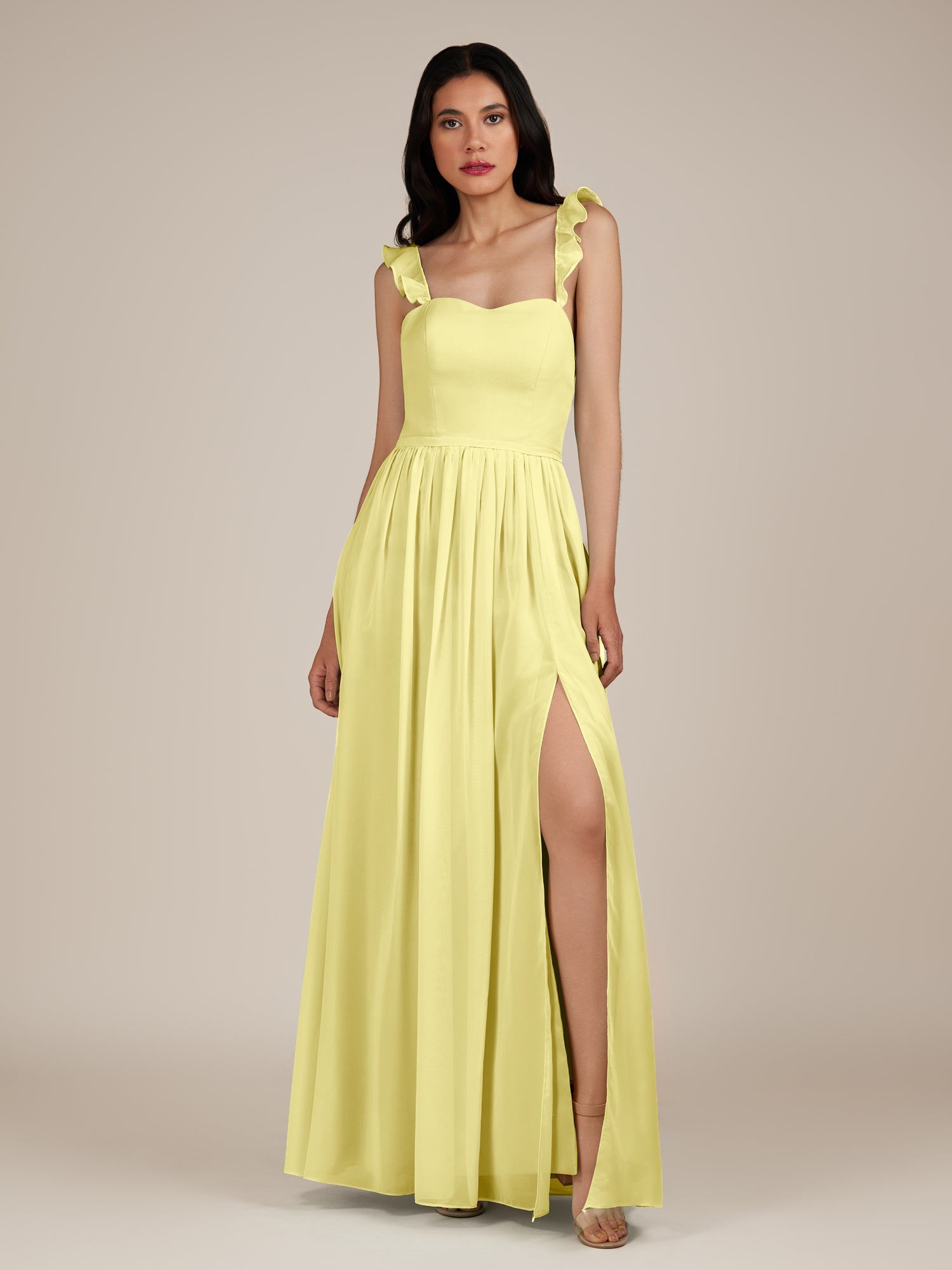 KissDress-Onyx Buttercup A Line Sweetheart Chiffon Ruffled Long Bridesmaid Dress with Slit