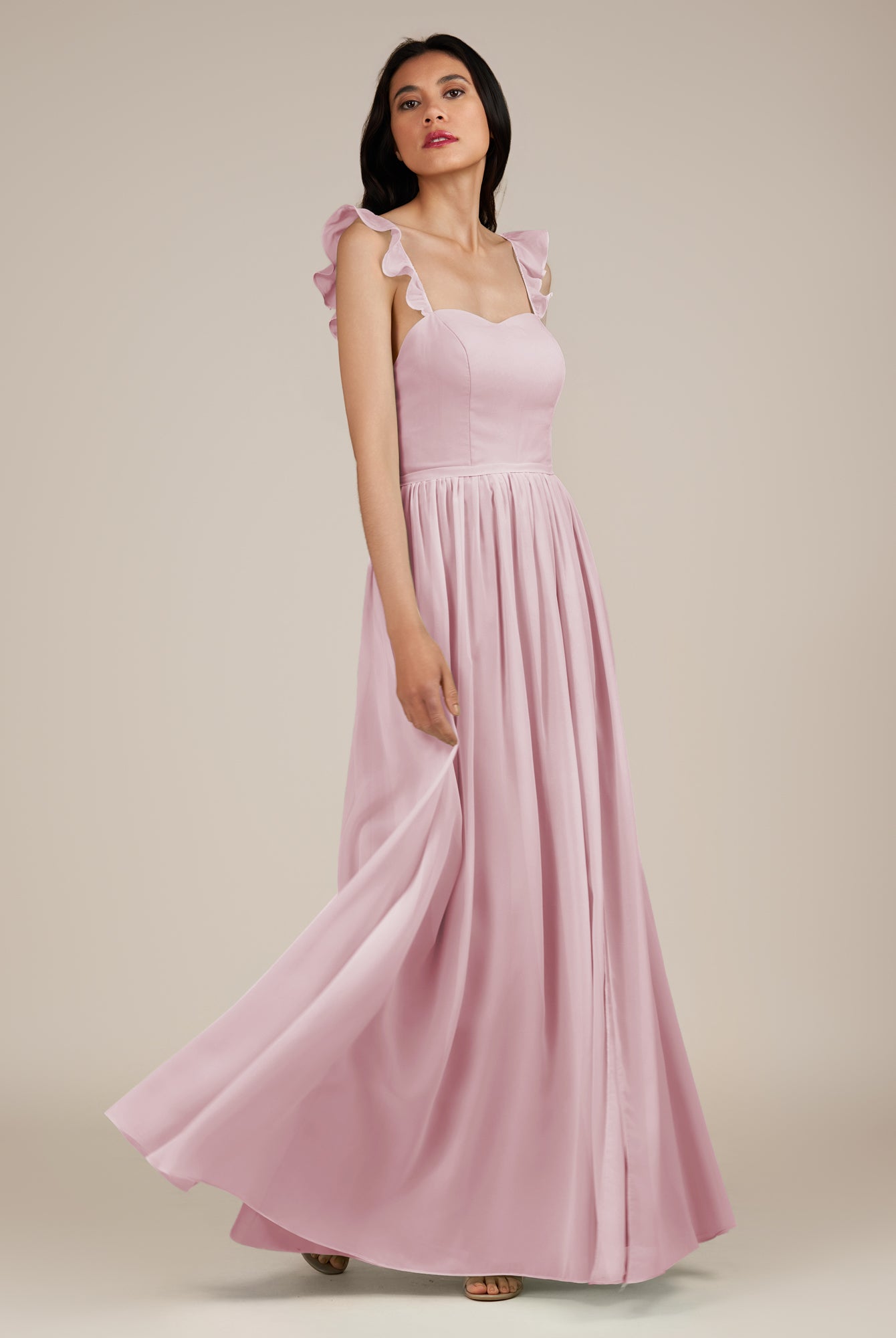 KissDress-Onyx Candy Pink A Line Sweetheart Chiffon Ruffled Long Bridesmaid Dress with Slit