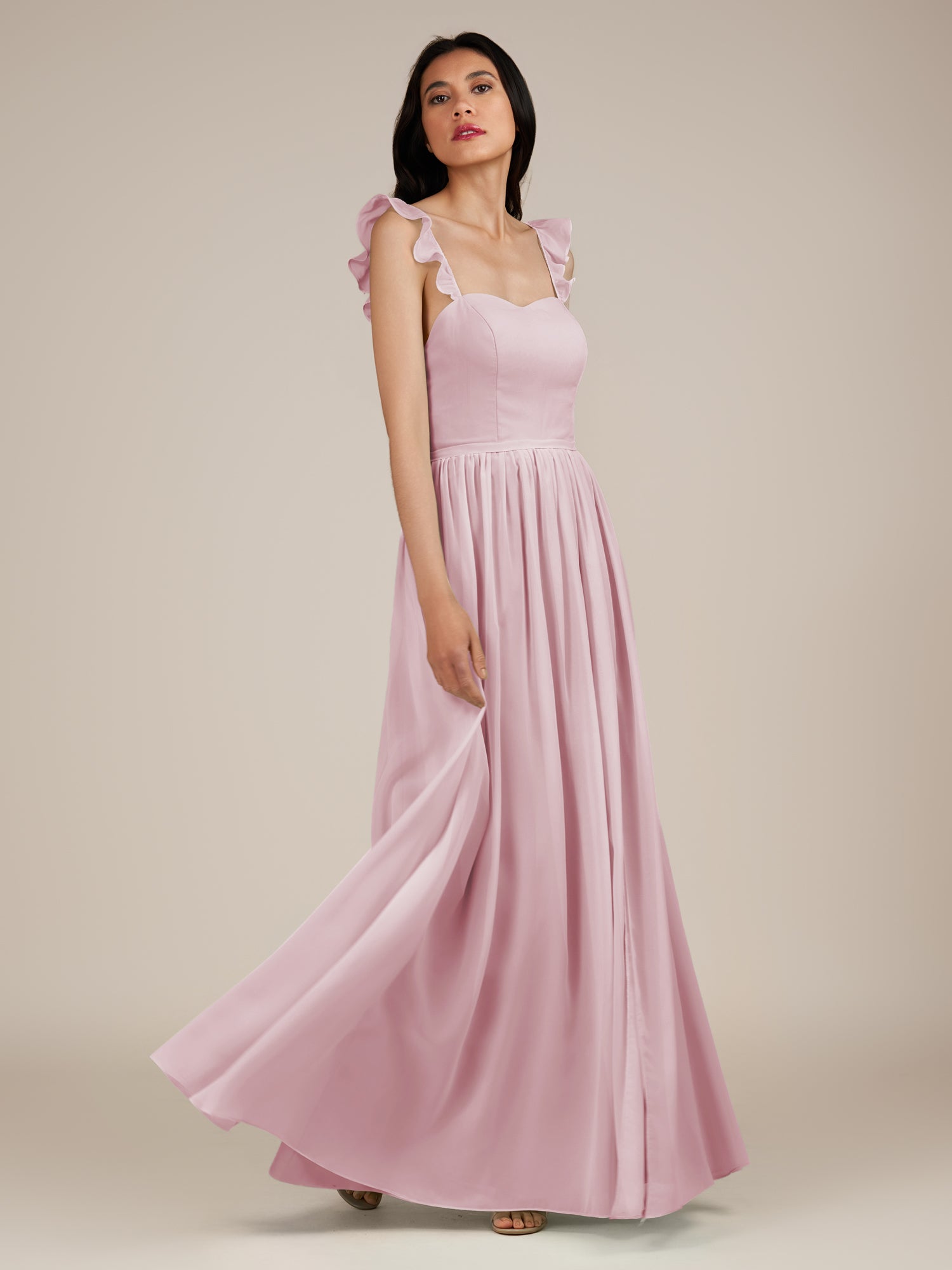 KissDress-Onyx Candy Pink A Line Sweetheart Chiffon Ruffled Long Bridesmaid Dress with Slit