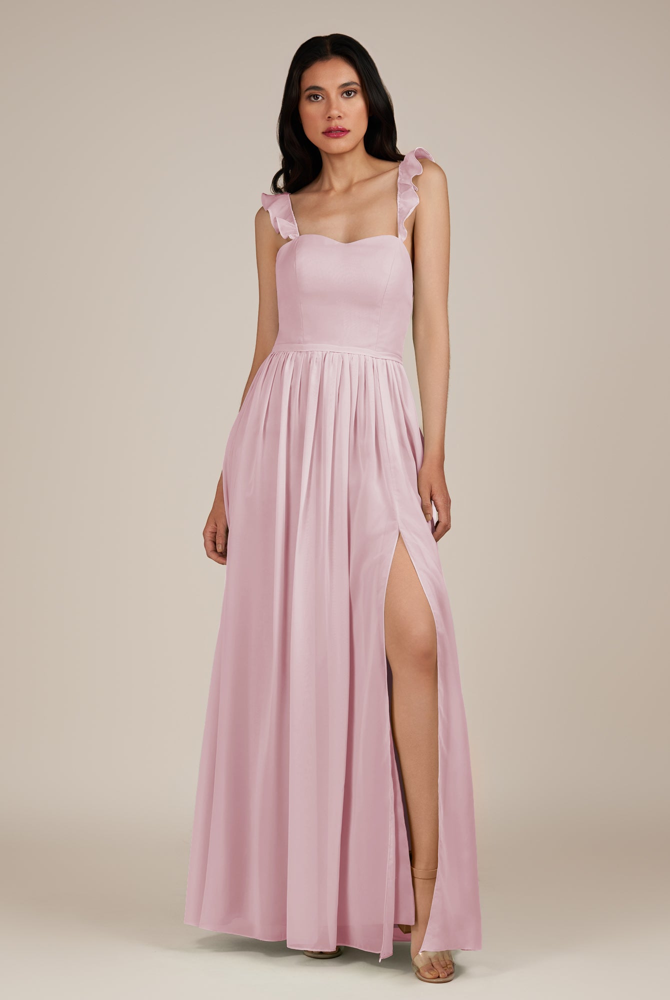 KissDress-Onyx Candy Pink A Line Sweetheart Chiffon Ruffled Long Bridesmaid Dress with Slit