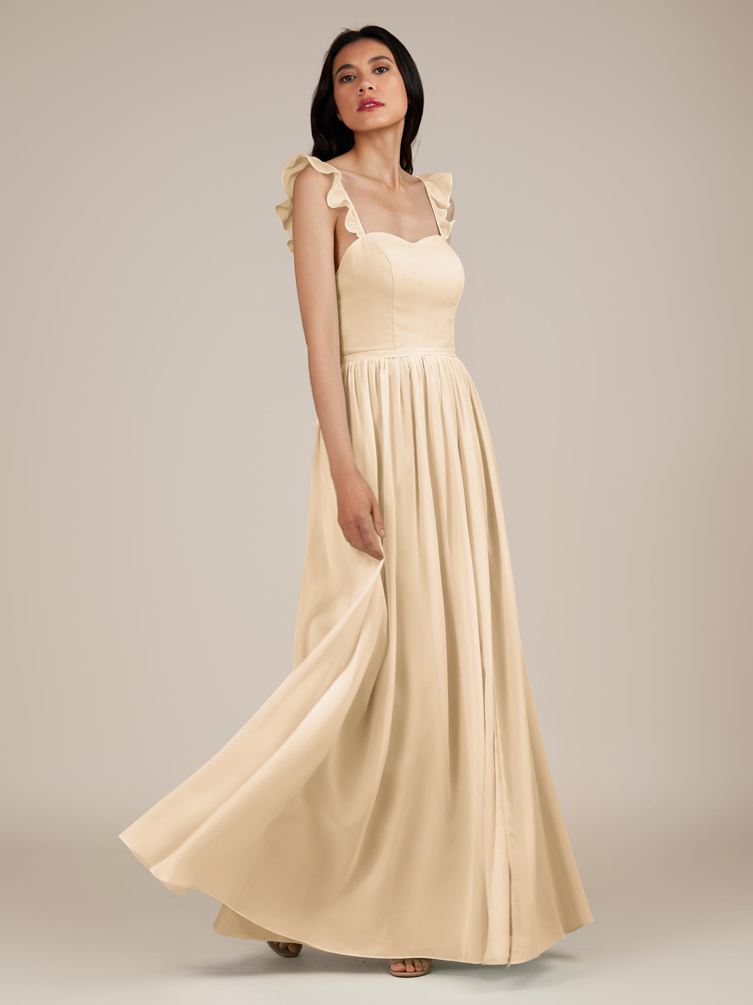 KissDress-Onyx Champagne A Line Sweetheart Chiffon Ruffled Long Bridesmaid Dress with Slit