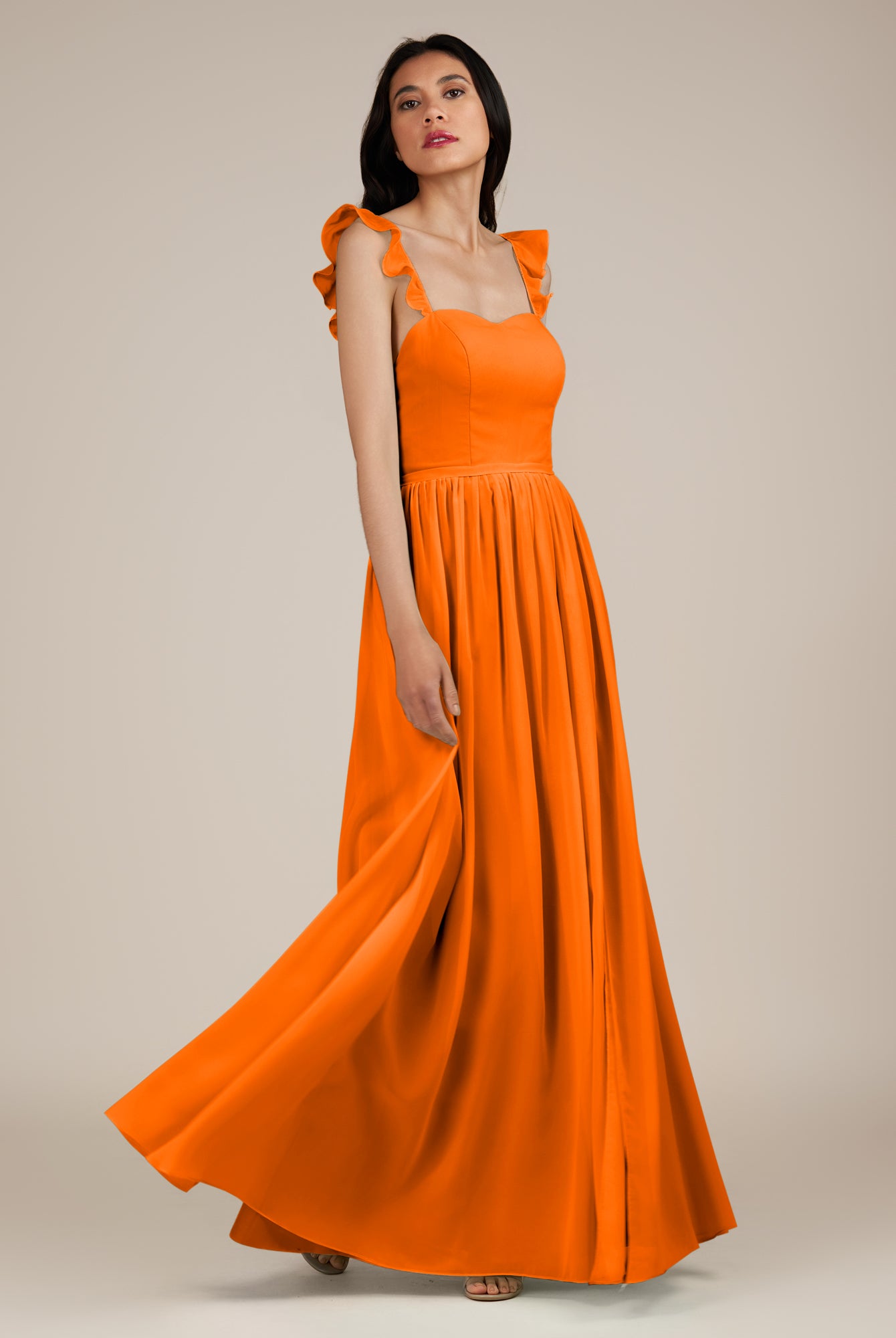 KissDress-Onyx Cinnamon A Line Sweetheart Chiffon Ruffled Long Bridesmaid Dress with Slit