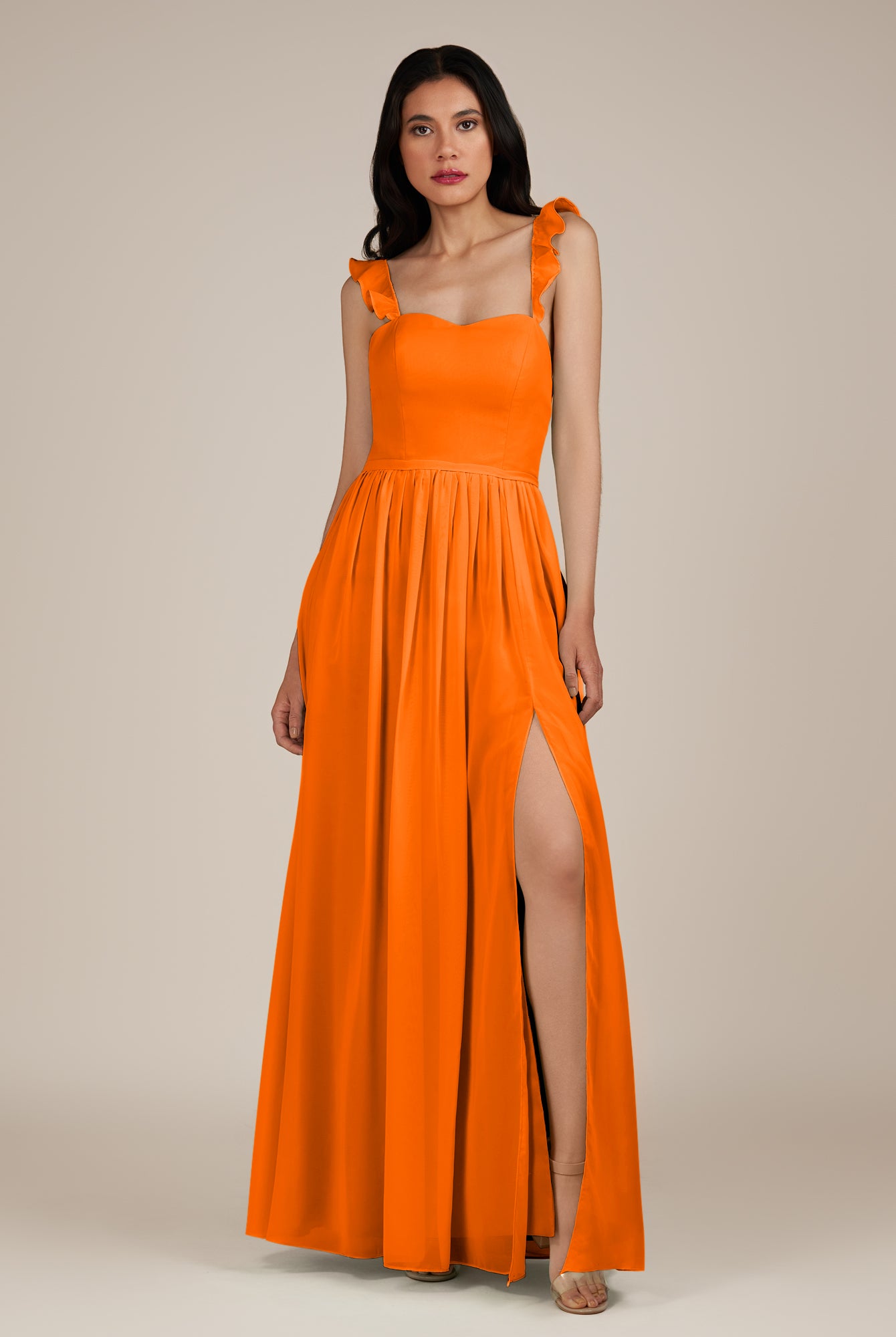 KissDress-Onyx Cinnamon A Line Sweetheart Chiffon Ruffled Long Bridesmaid Dress with Slit