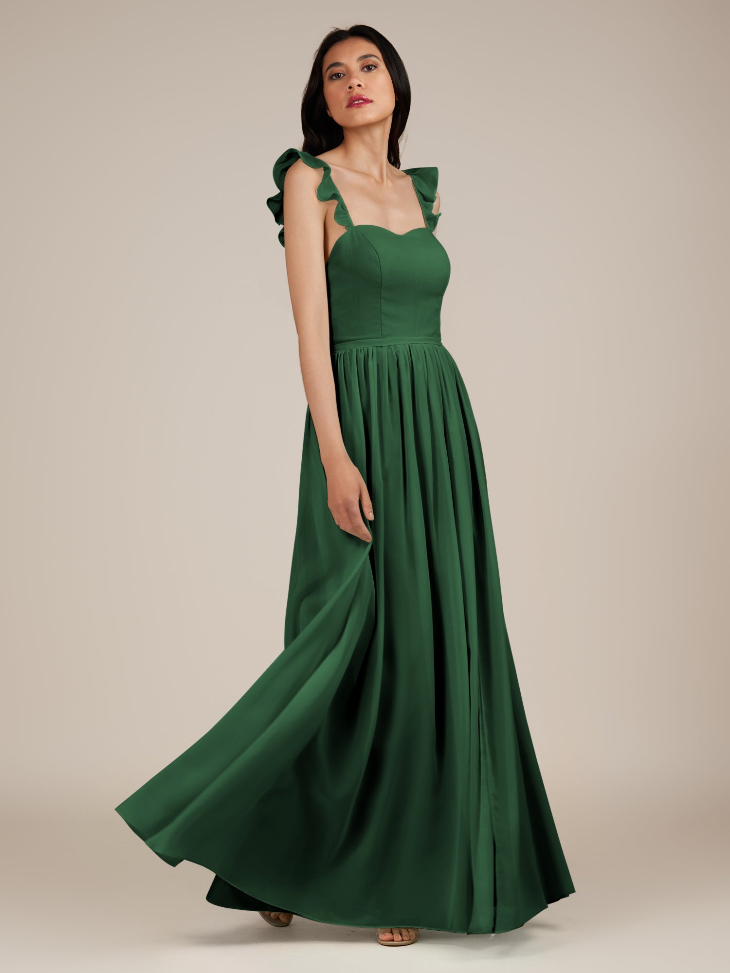 KissDress-Onyx Dark Green A Line Sweetheart Chiffon Ruffled Long Bridesmaid Dress with Slit