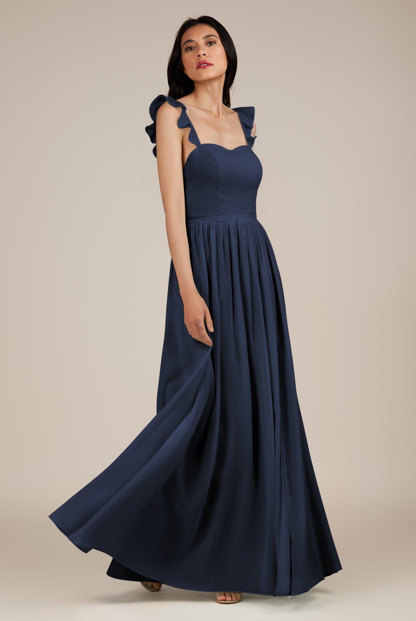 KissDress-Onyx Dark Navy A Line Sweetheart Chiffon Ruffled Long Bridesmaid Dress with Slit
