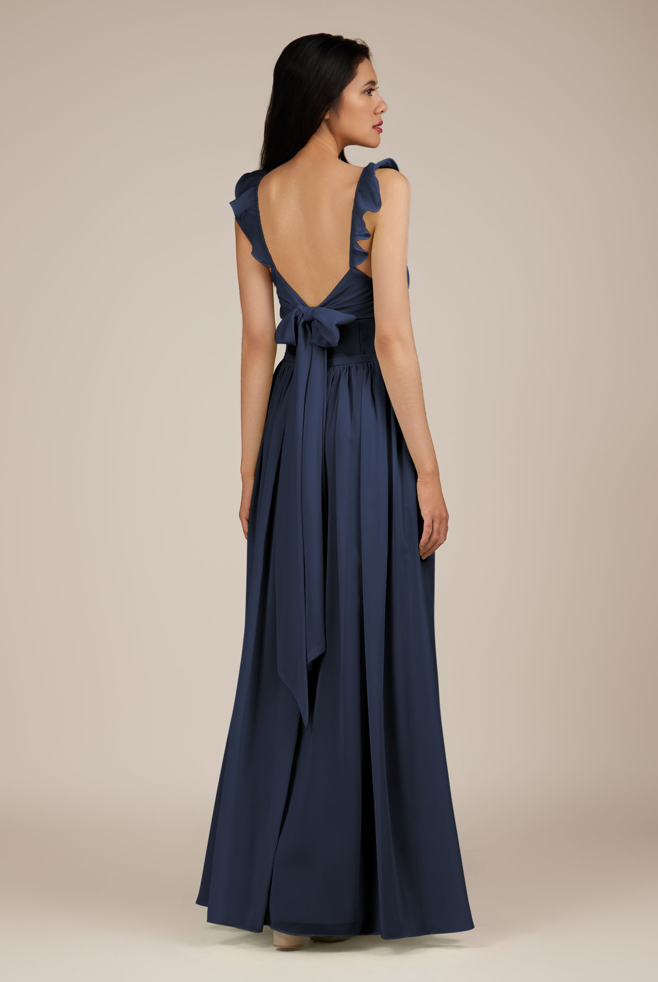 KissDress-Onyx Dark Navy A Line Sweetheart Chiffon Ruffled Long Bridesmaid Dress with Slit