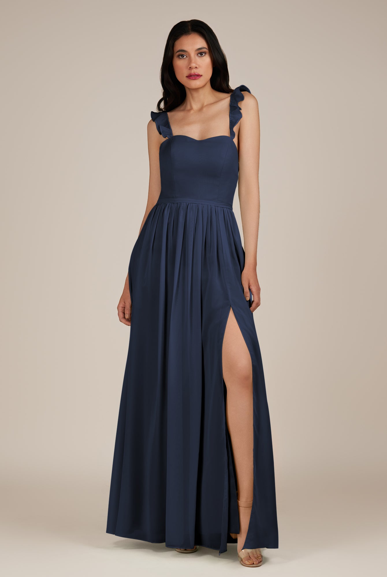 KissDress-Onyx Dark Navy A Line Sweetheart Chiffon Ruffled Long Bridesmaid Dress with Slit