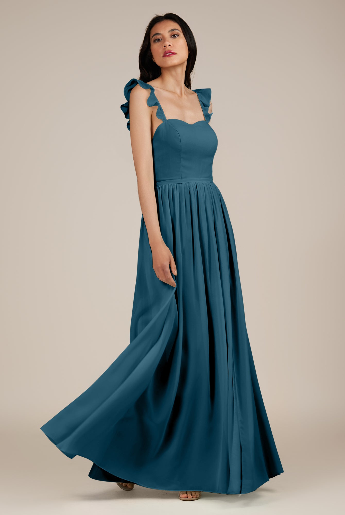 KissDress-Onyx Dark Teal A Line Sweetheart Chiffon Ruffled Long Bridesmaid Dress with Slit