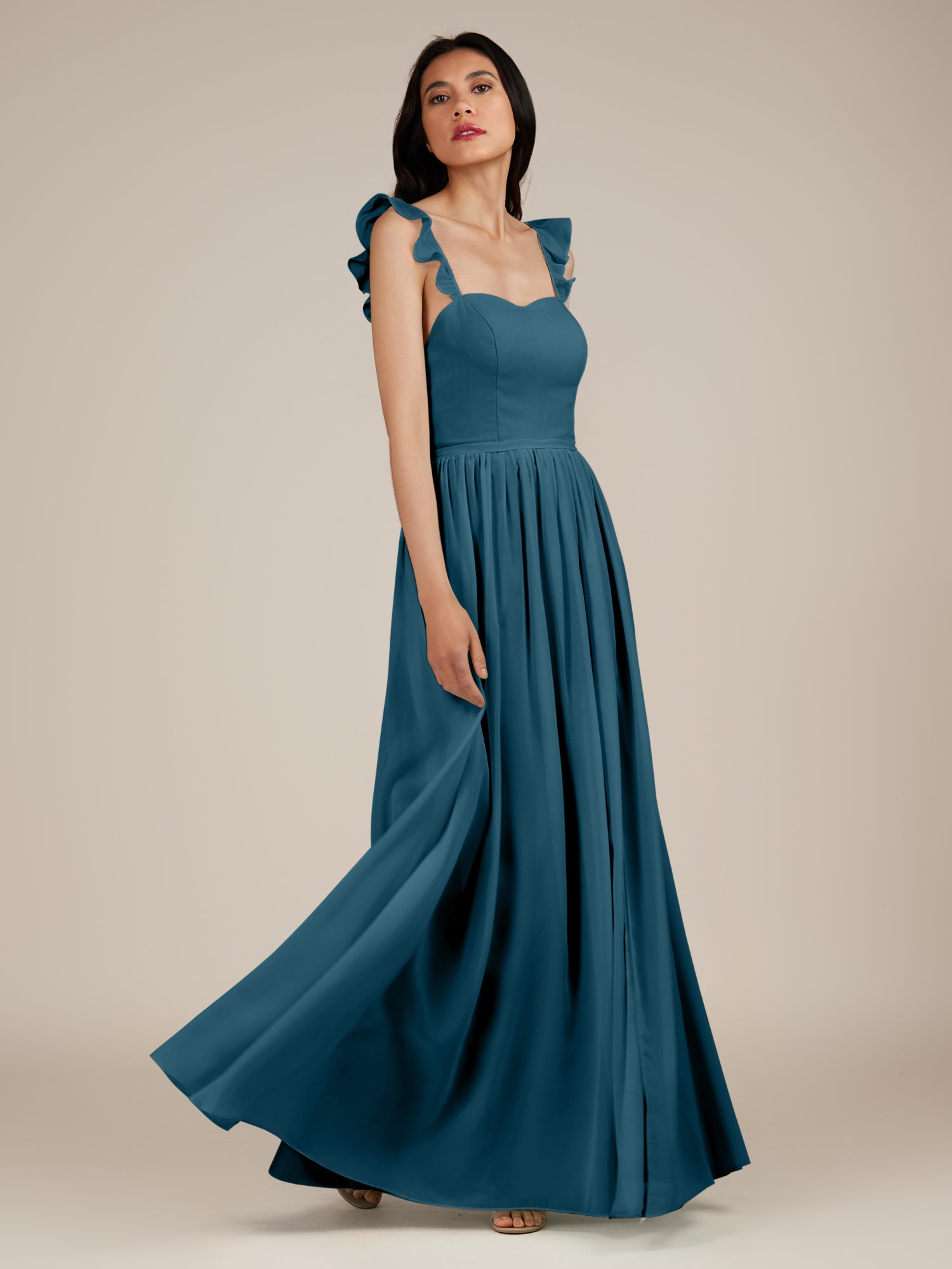 KissDress-Onyx Dark Teal A Line Sweetheart Chiffon Ruffled Long Bridesmaid Dress with Slit