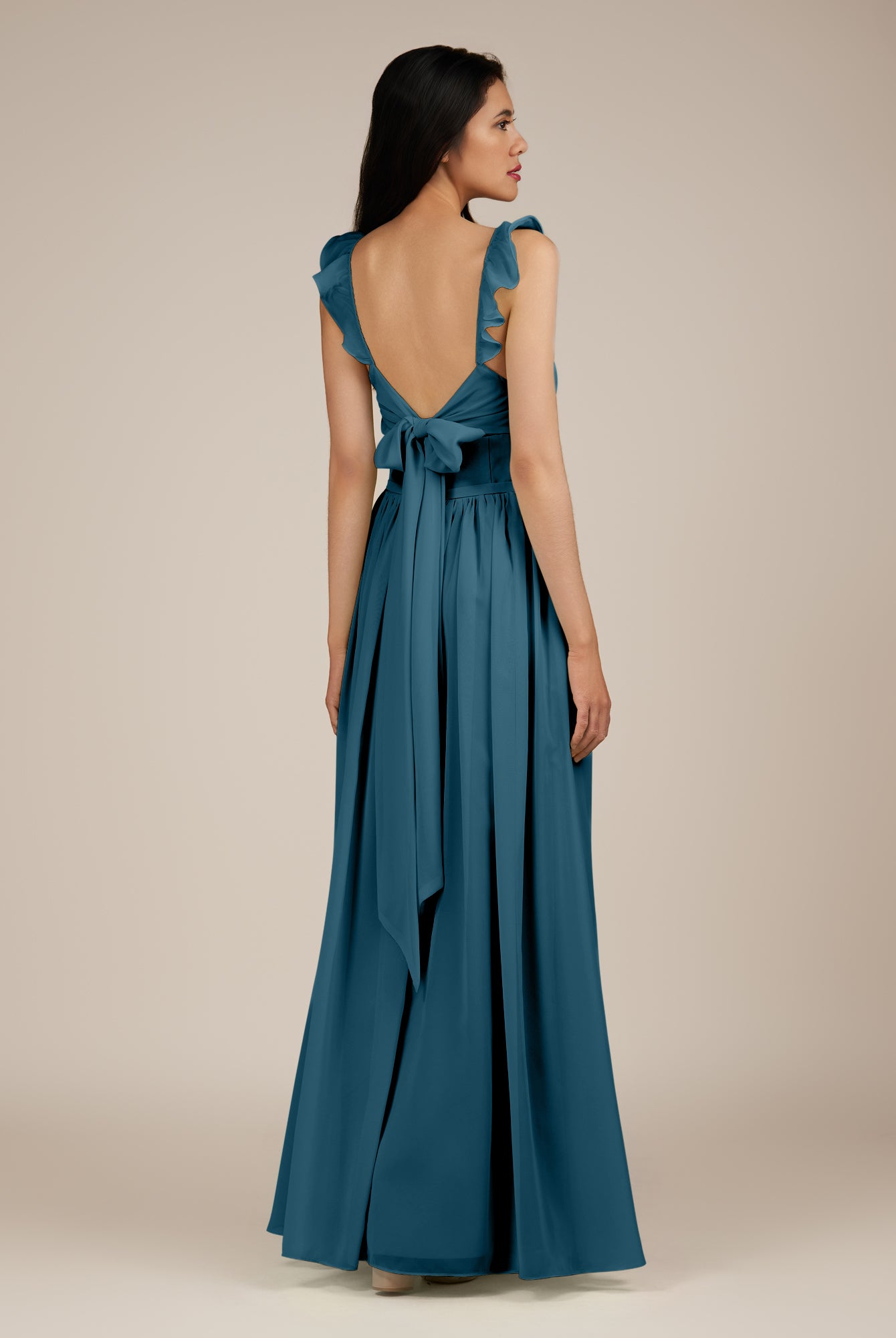 KissDress-Onyx Dark Teal A Line Sweetheart Chiffon Ruffled Long Bridesmaid Dress with Slit