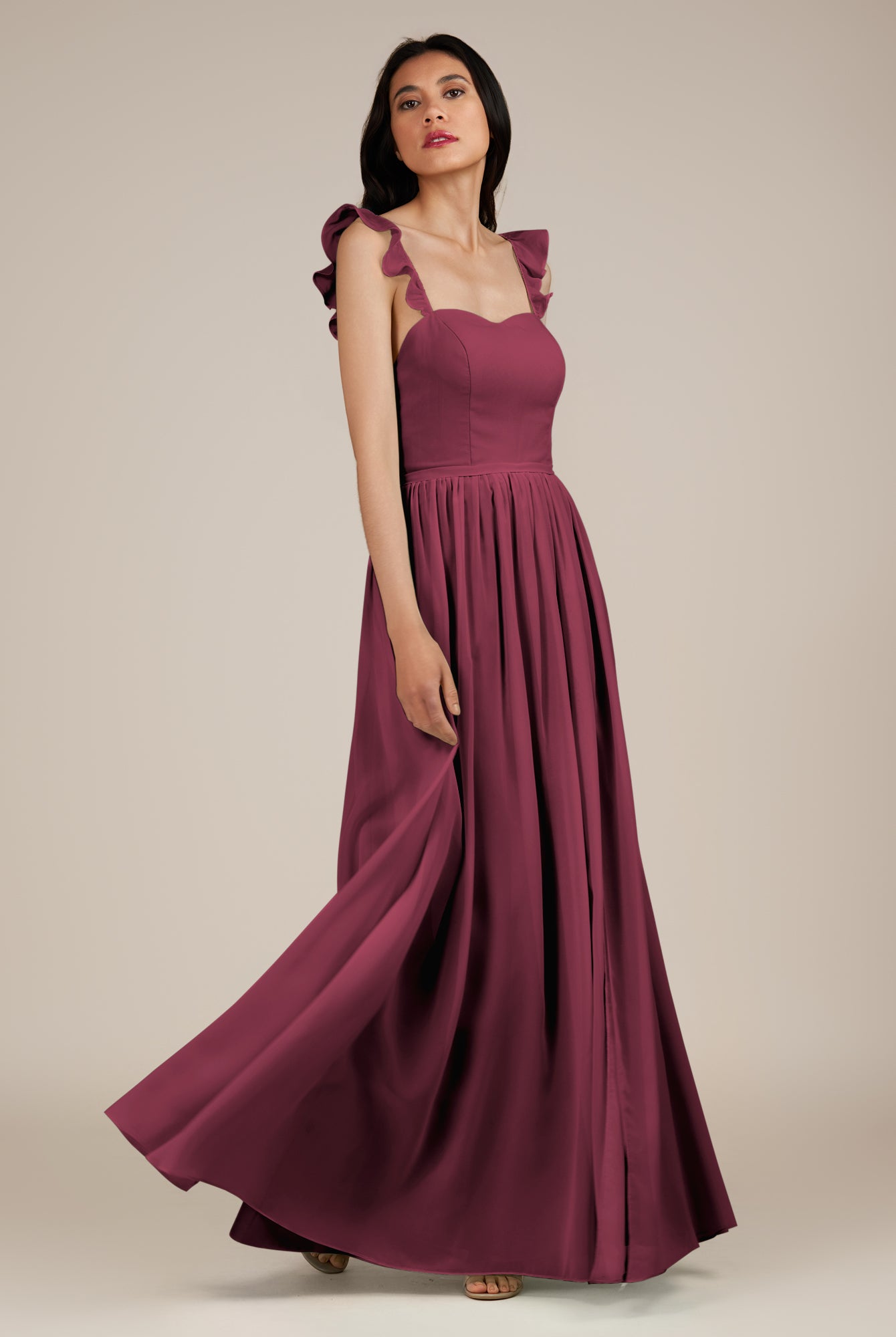 KissDress-Onyx Desert Rose A Line Sweetheart Chiffon Ruffled Long Bridesmaid Dress with Slit