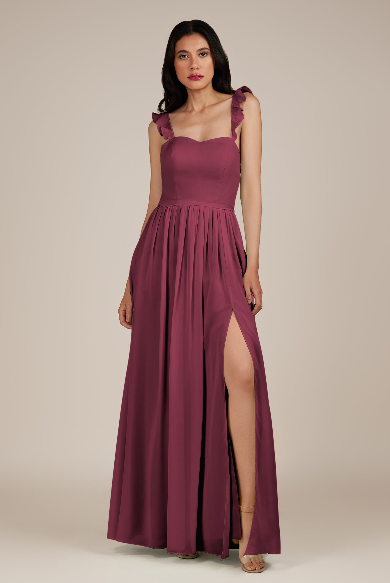 KissDress-Onyx Desert Rose A Line Sweetheart Chiffon Ruffled Long Bridesmaid Dress with Slit