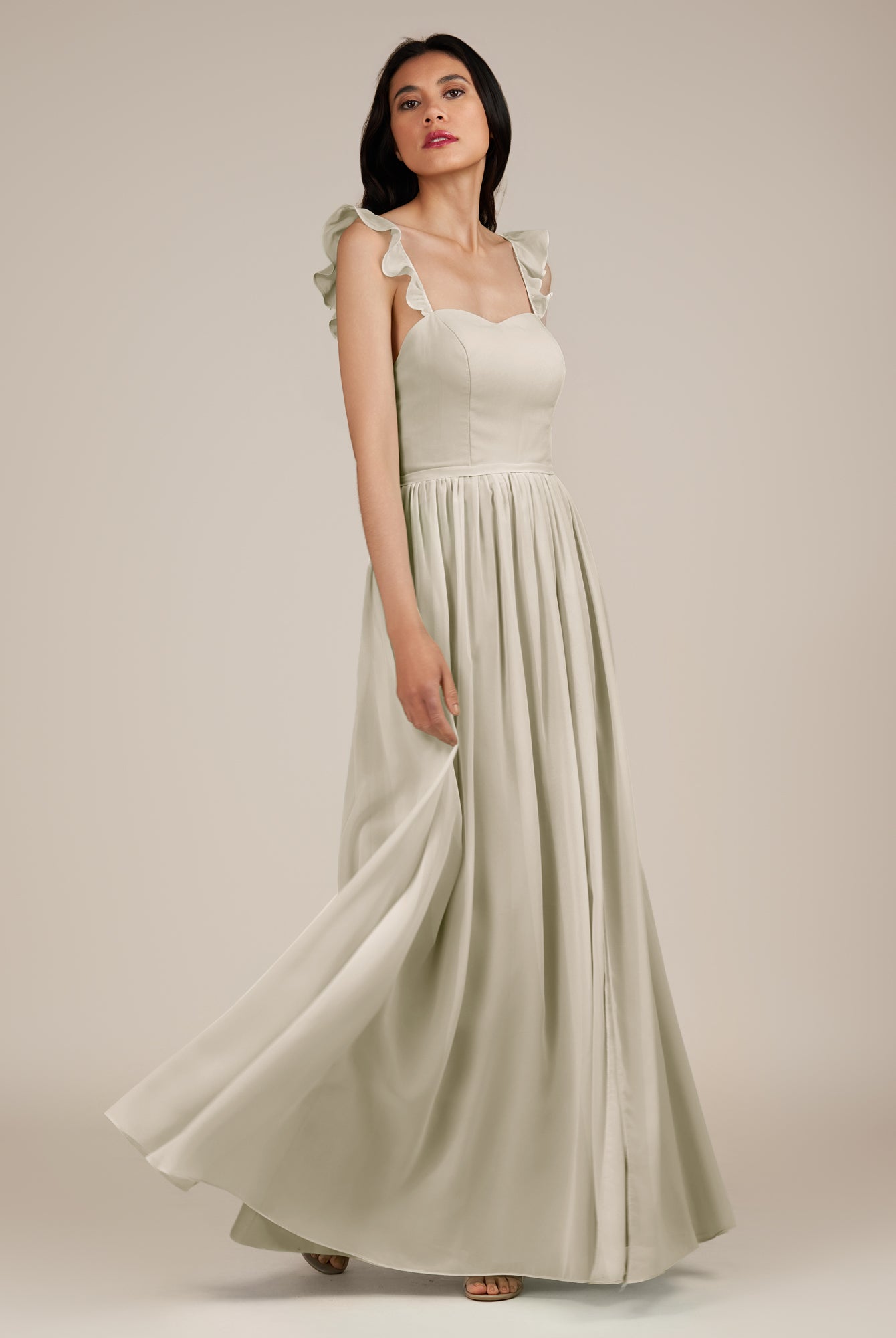 KissDress-Onyx Dove Gray A Line Sweetheart Chiffon Ruffled Long Bridesmaid Dress with Slit