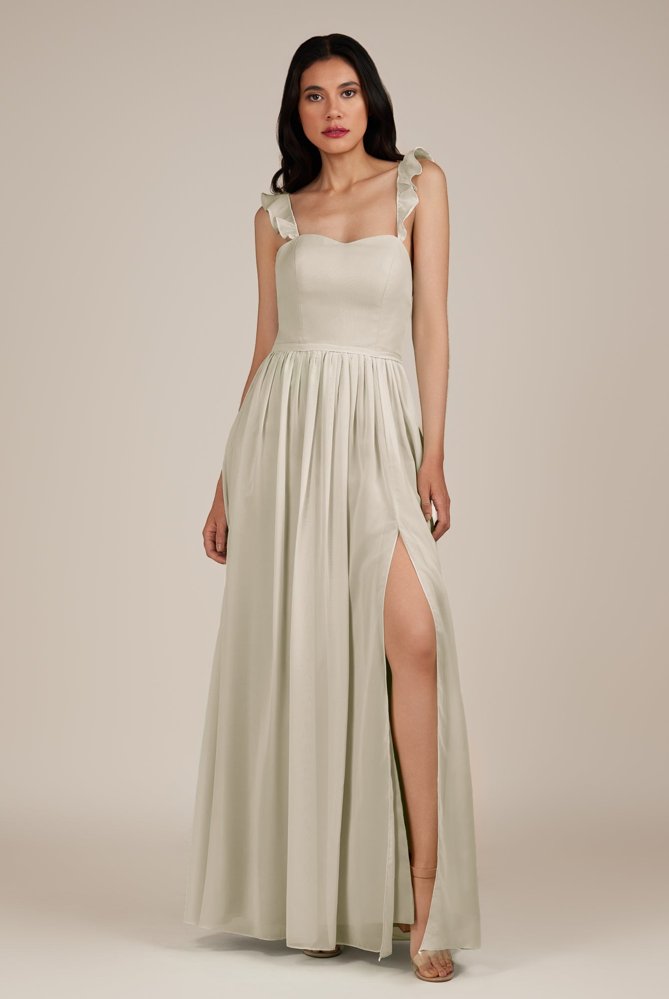 KissDress-Onyx Dove Gray A Line Sweetheart Chiffon Ruffled Long Bridesmaid Dress with Slit