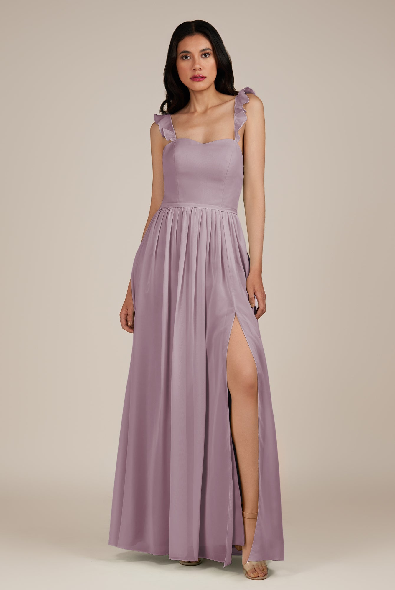 KissDress-Onyx Dusk A Line Sweetheart Chiffon Ruffled Long Bridesmaid Dress with Slit