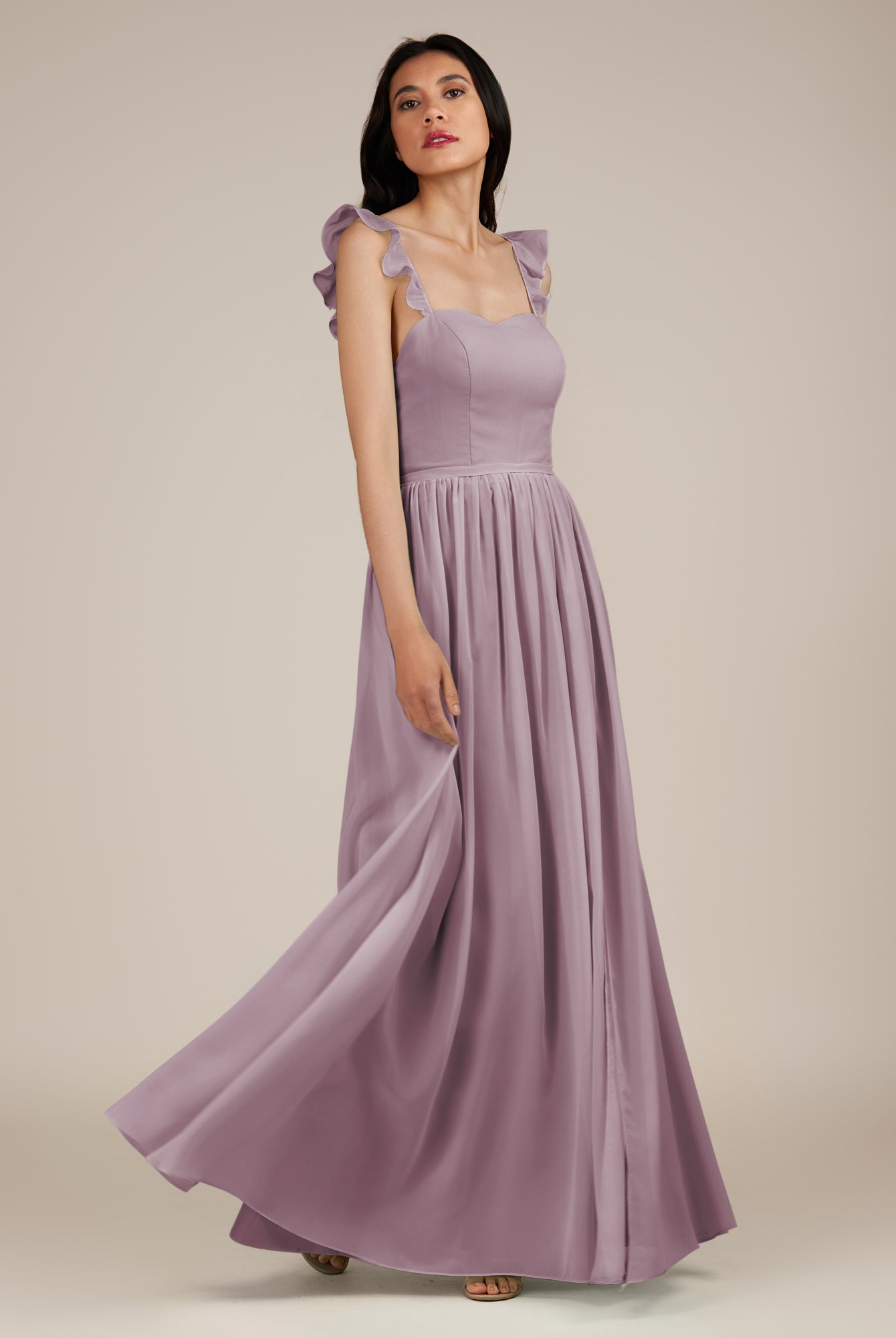 KissDress-Onyx Dusk A Line Sweetheart Chiffon Ruffled Long Bridesmaid Dress with Slit
