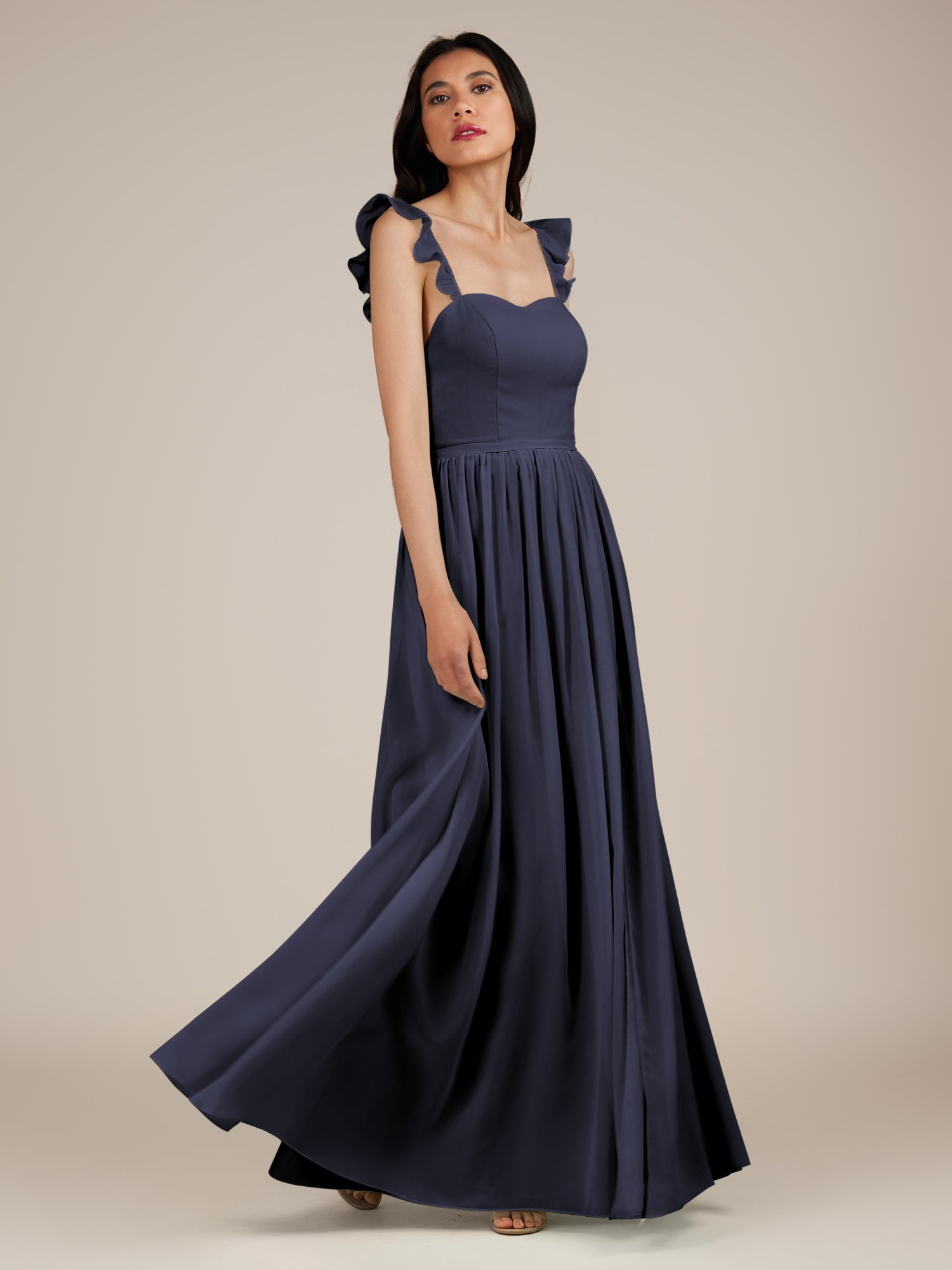 KissDress-Onyx Dusk Blue A Line Sweetheart Chiffon Ruffled Long Bridesmaid Dress with Slit
