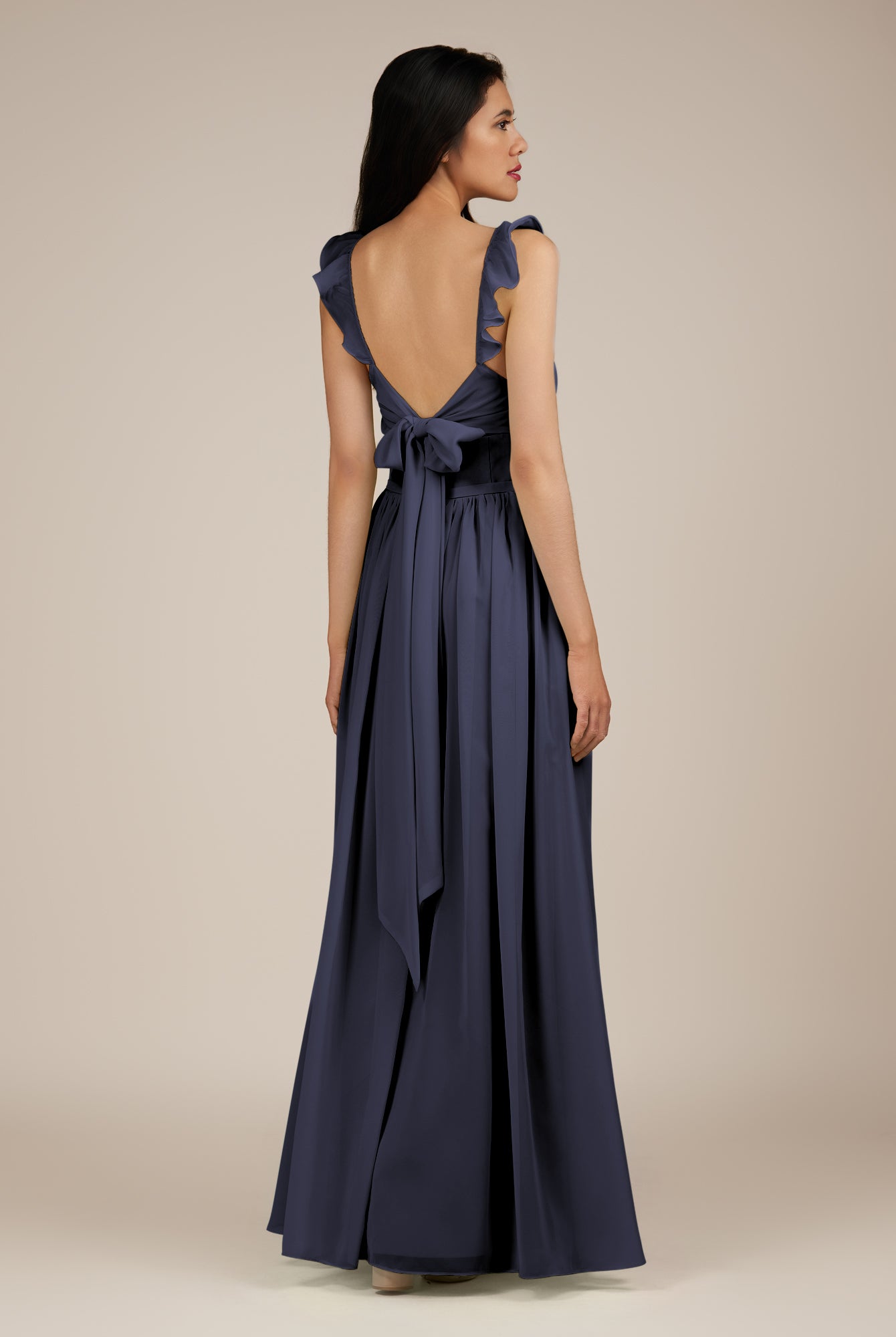 KissDress-Onyx Dusk Blue A Line Sweetheart Chiffon Ruffled Long Bridesmaid Dress with Slit
