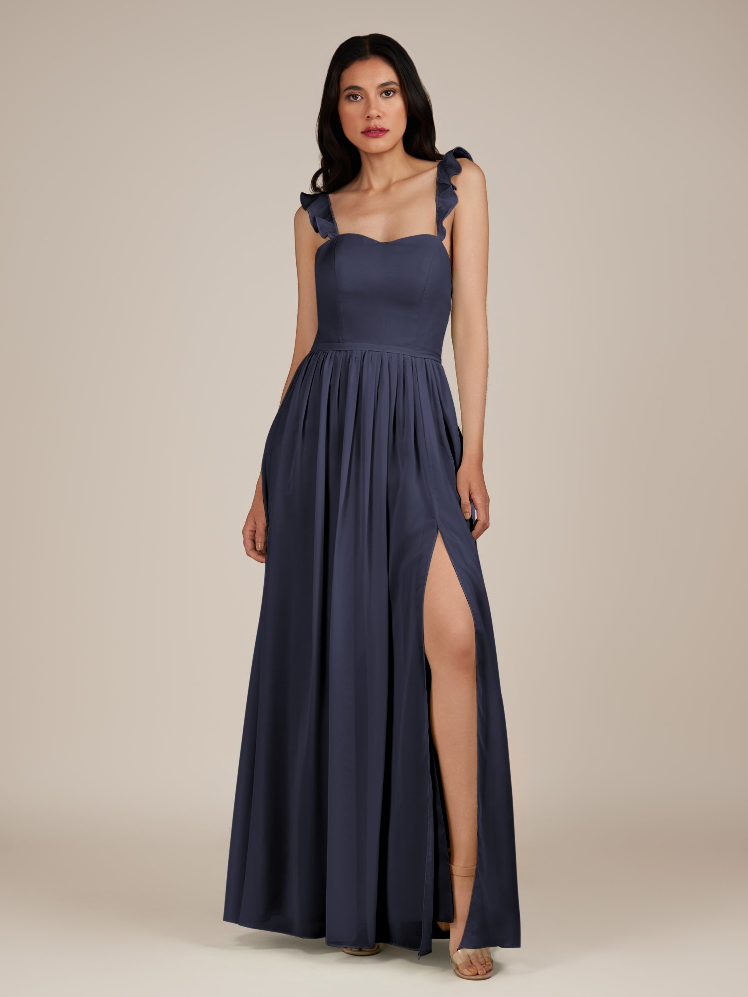 KissDress-Onyx Dusk Blue A Line Sweetheart Chiffon Ruffled Long Bridesmaid Dress with Slit