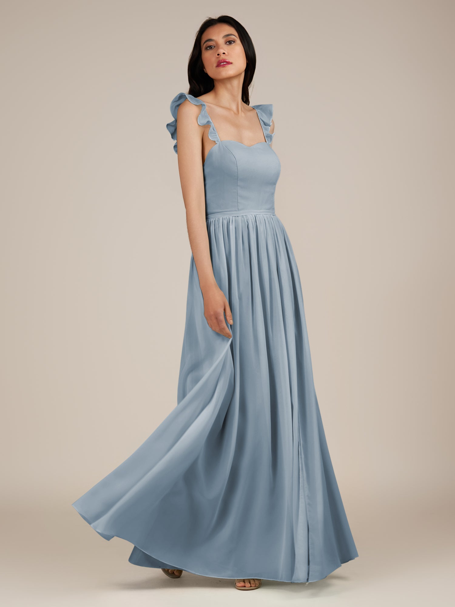 KissDress-Onyx Dusty Blue A Line Sweetheart Chiffon Ruffled Long Bridesmaid Dress with Slit