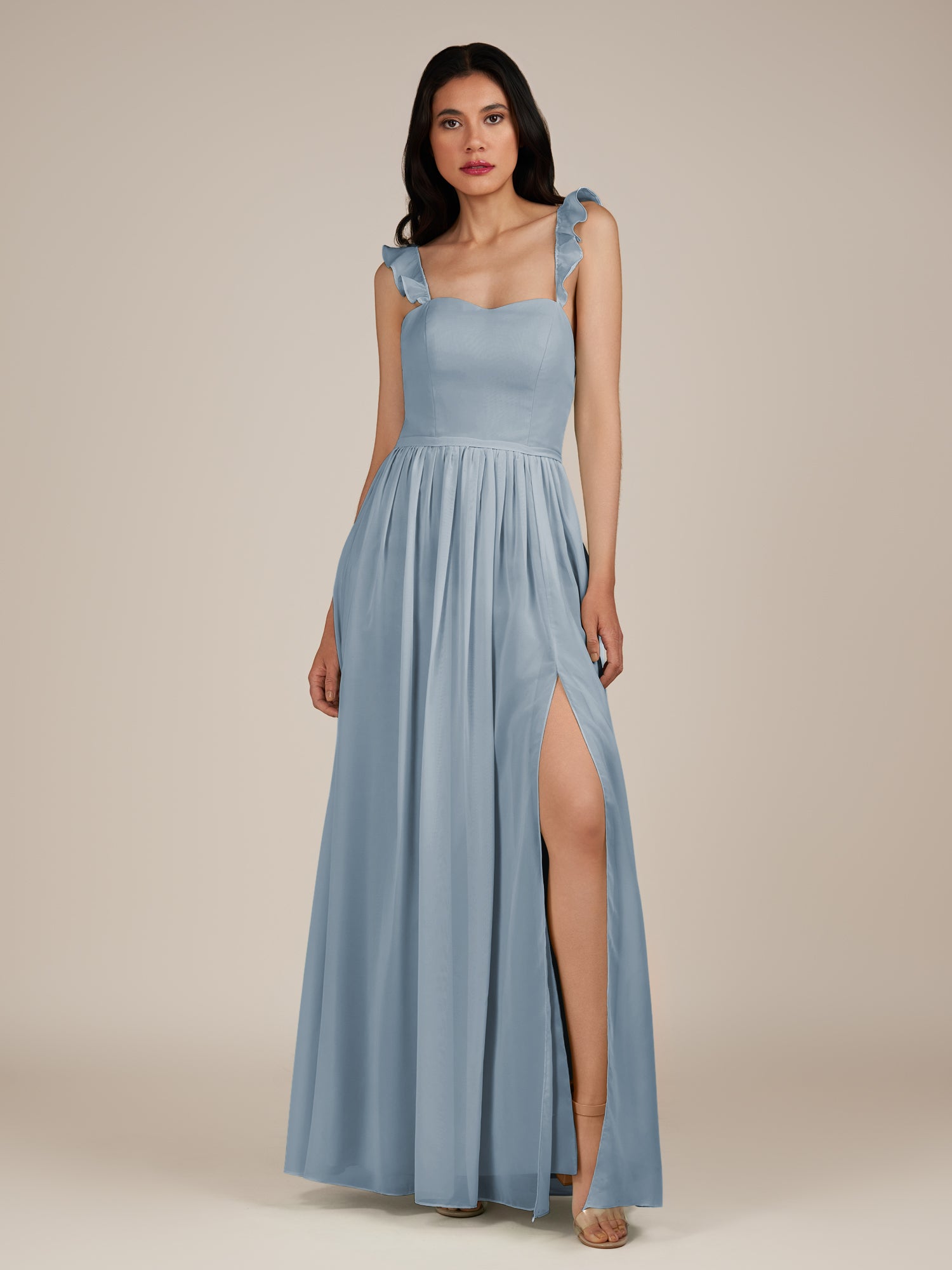 KissDress-Onyx Dusty Blue A Line Sweetheart Chiffon Ruffled Long Bridesmaid Dress with Slit