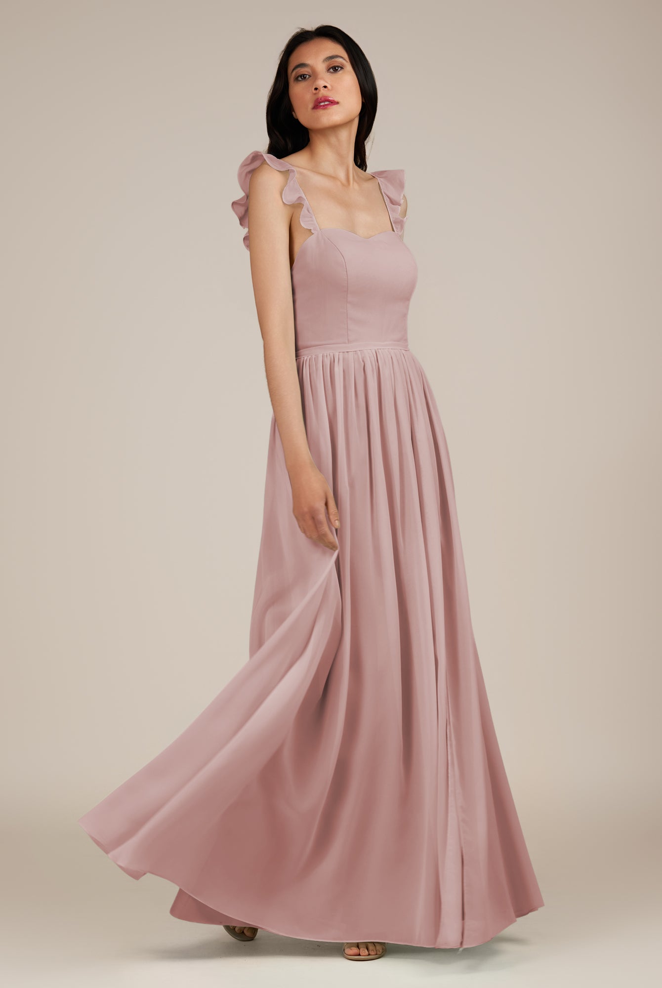 KissDress-Onyx Dusty Rose A Line Sweetheart Chiffon Ruffled Long Bridesmaid Dress with Slit