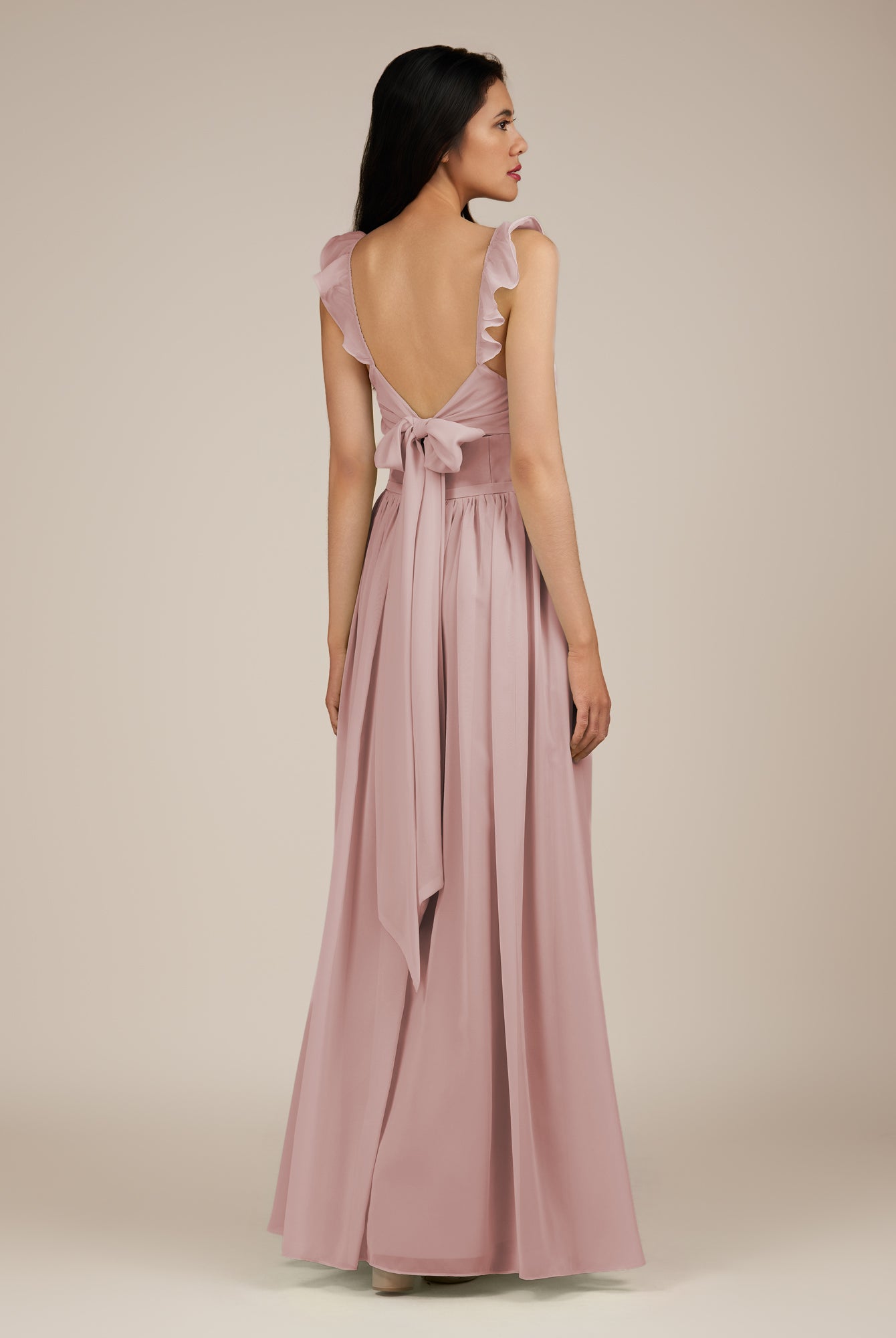 KissDress-Onyx Dusty Rose A Line Sweetheart Chiffon Ruffled Long Bridesmaid Dress with Slit