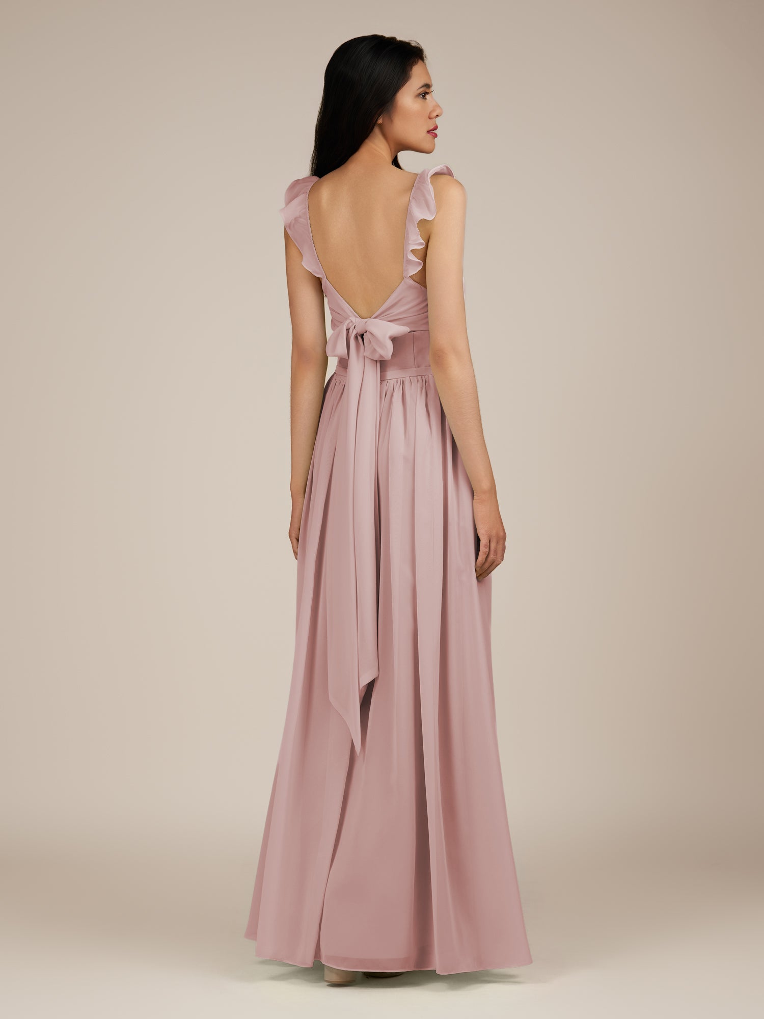 KissDress-Onyx Dusty Rose A Line Sweetheart Chiffon Ruffled Long Bridesmaid Dress with Slit