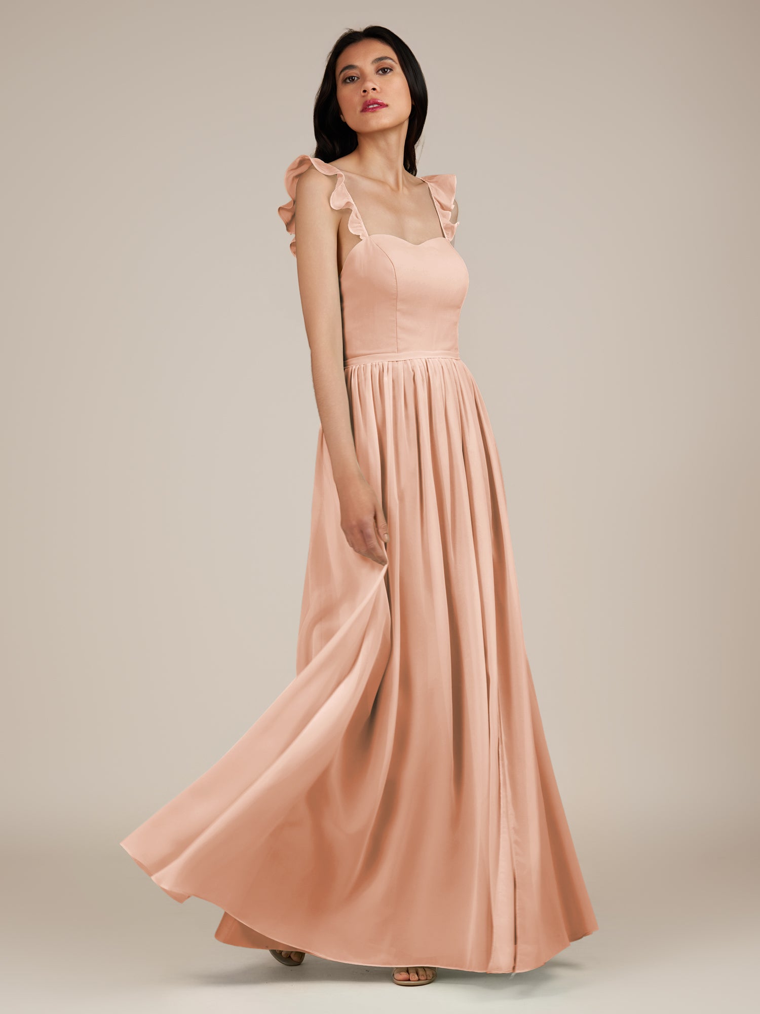 KissDress-Onyx English Rose A Line Sweetheart Chiffon Ruffled Long Bridesmaid Dress with Slit