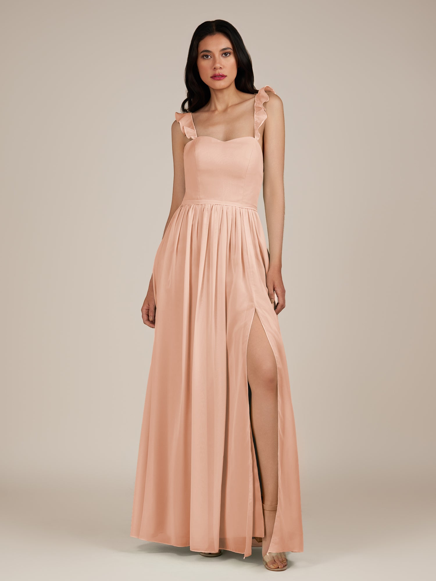KissDress-Onyx English Rose A Line Sweetheart Chiffon Ruffled Long Bridesmaid Dress with Slit