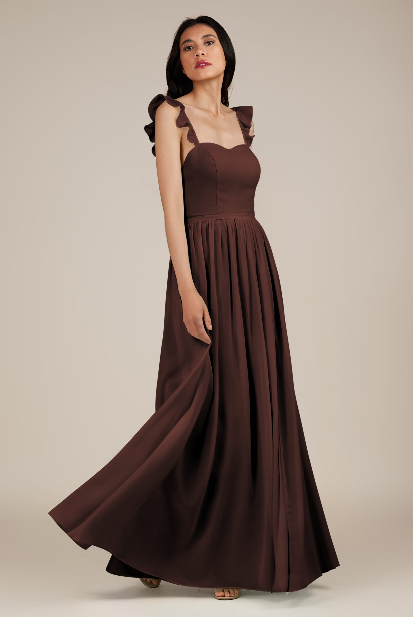 KissDress-Onyx Espresso A Line Sweetheart Chiffon Ruffled Long Bridesmaid Dress with Slit