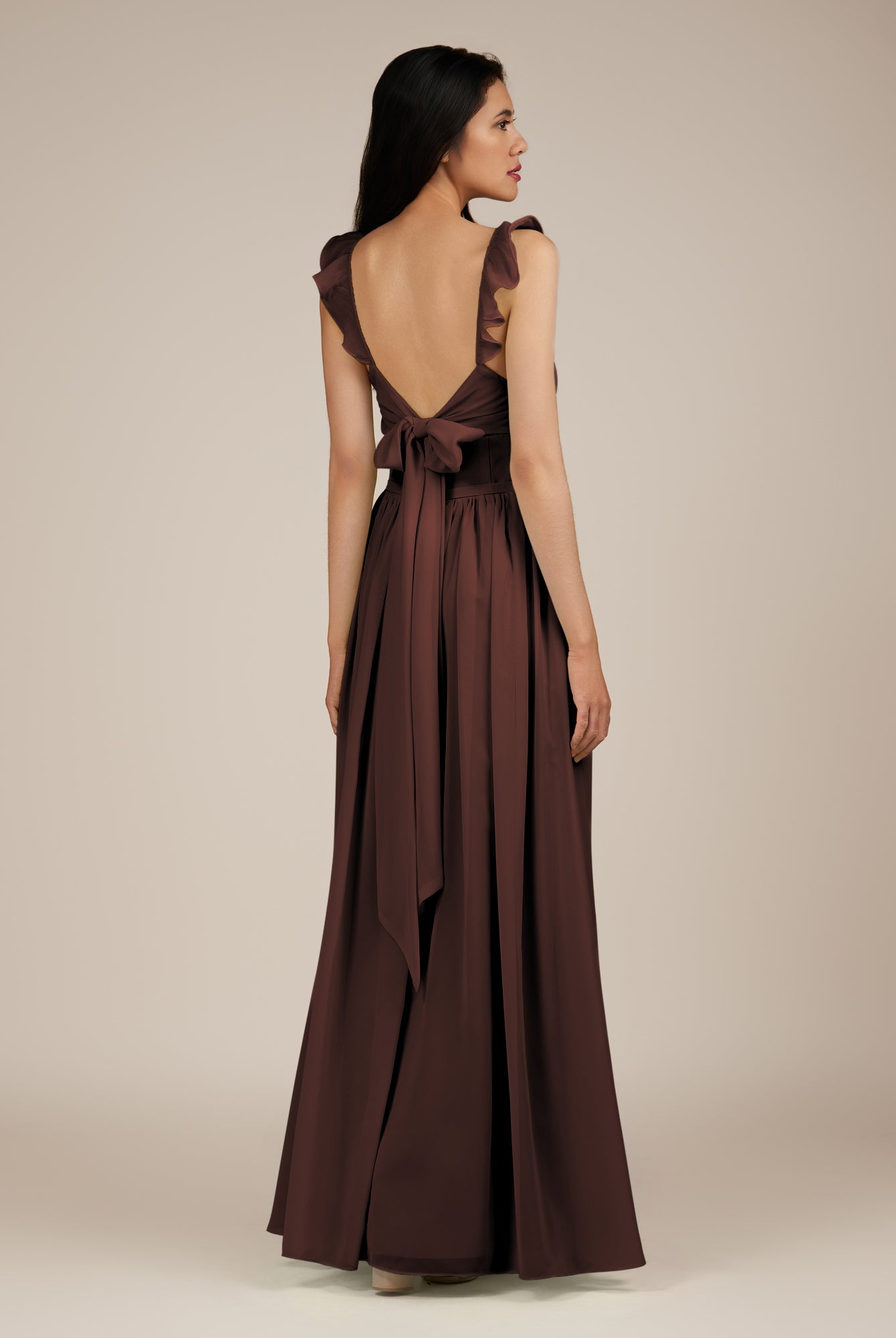 KissDress-Onyx Espresso A Line Sweetheart Chiffon Ruffled Long Bridesmaid Dress with Slit