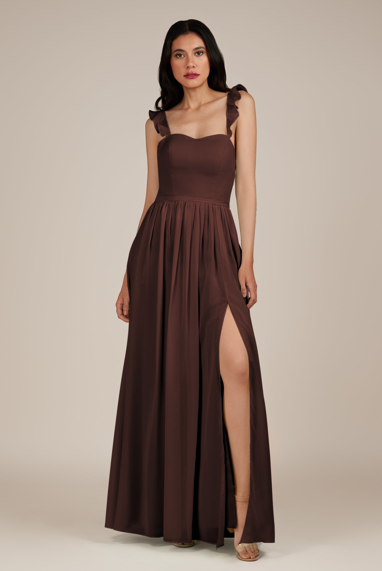 KissDress-Onyx Espresso A Line Sweetheart Chiffon Ruffled Long Bridesmaid Dress with Slit