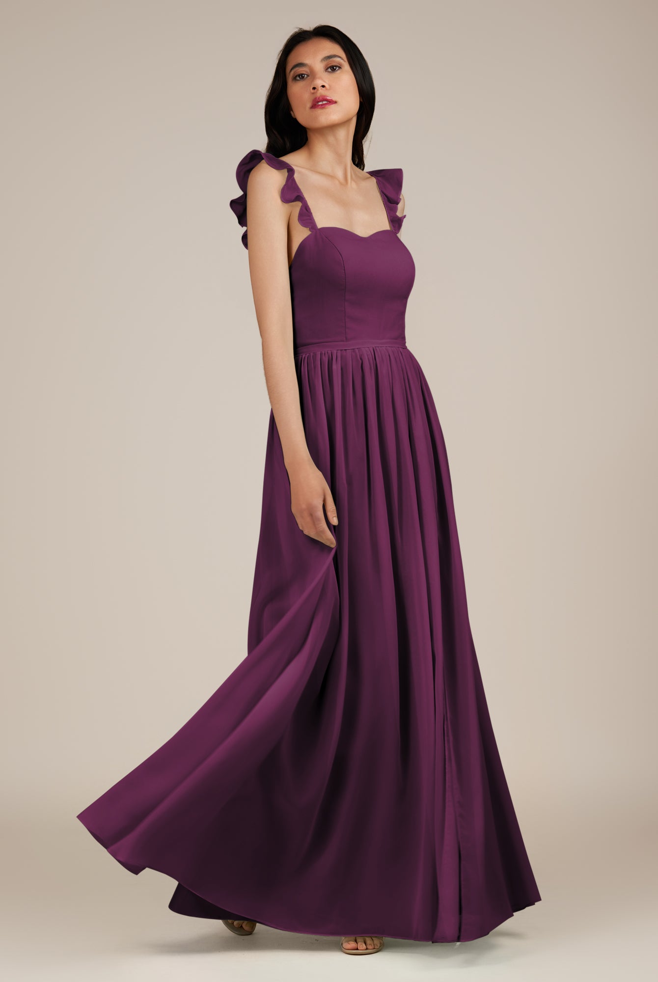 KissDress-Onyx Fig A Line Sweetheart Chiffon Ruffled Long Bridesmaid Dress with Slit