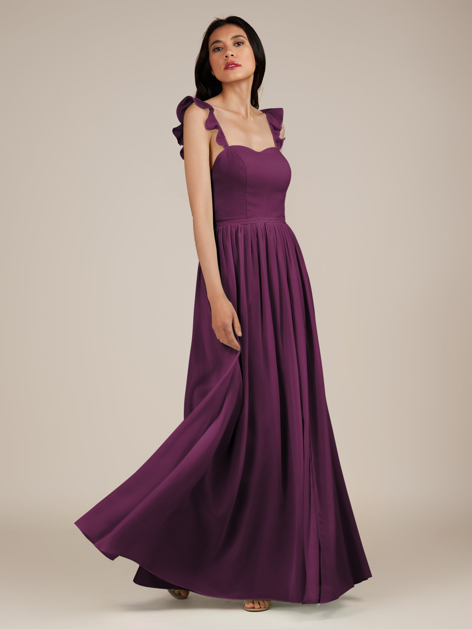KissDress-Onyx Fig A Line Sweetheart Chiffon Ruffled Long Bridesmaid Dress with Slit
