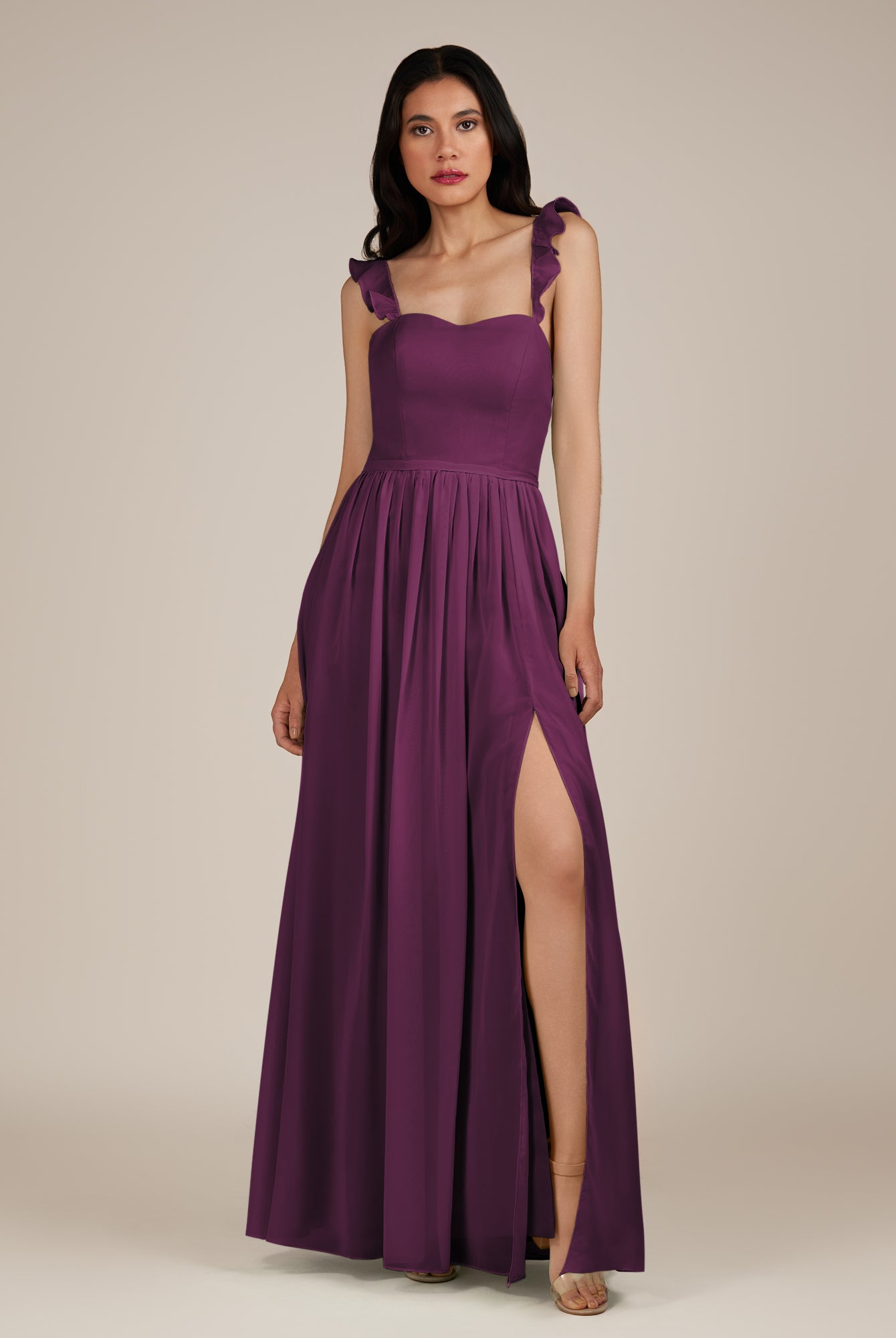 KissDress-Onyx Fig A Line Sweetheart Chiffon Ruffled Long Bridesmaid Dress with Slit