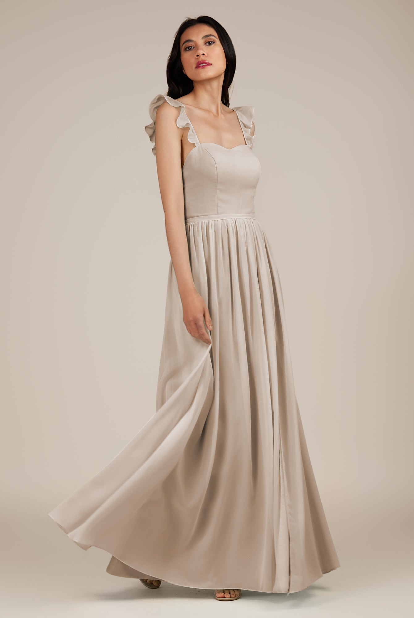 KissDress-Onyx Frost A Line Sweetheart Chiffon Ruffled Long Bridesmaid Dress with Slit