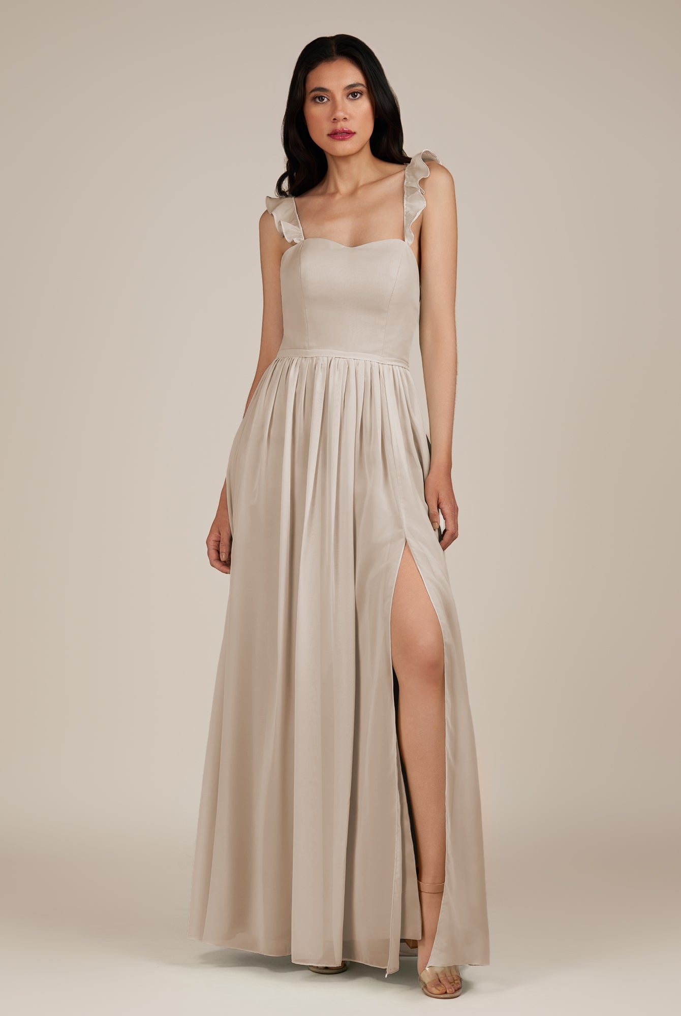 KissDress-Onyx Frost A Line Sweetheart Chiffon Ruffled Long Bridesmaid Dress with Slit