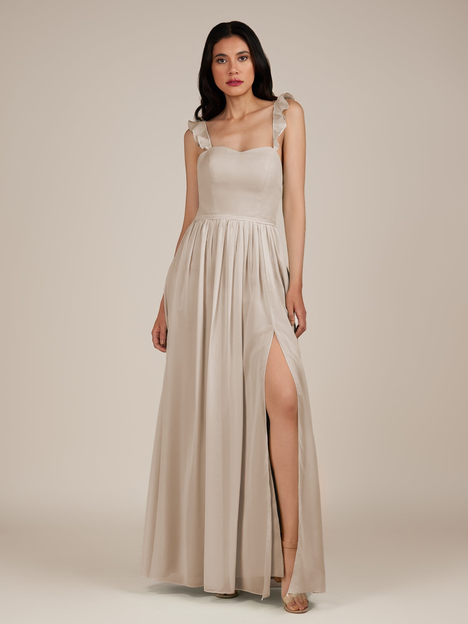 KissDress-Onyx Frost A Line Sweetheart Chiffon Ruffled Long Bridesmaid Dress with Slit