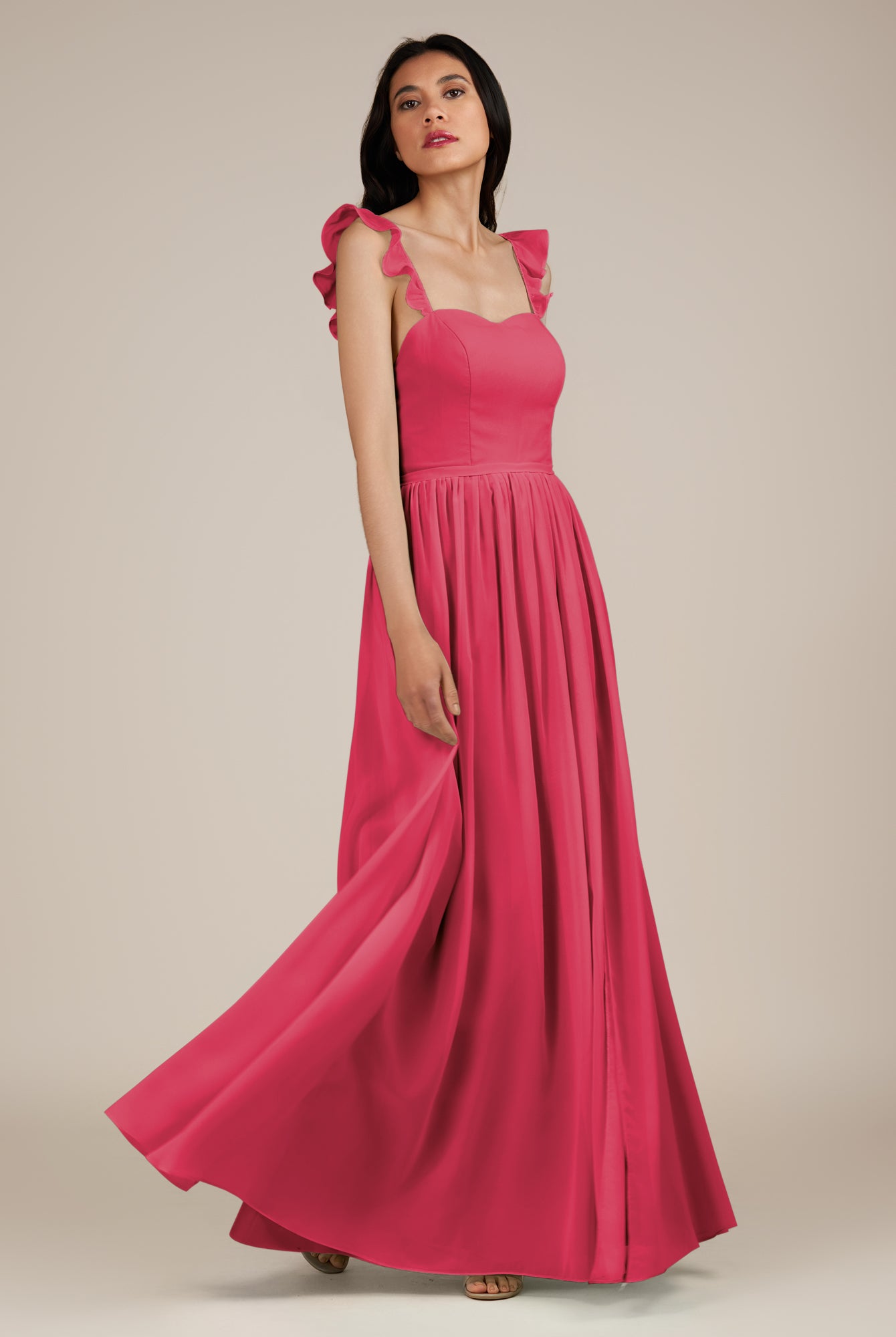 KissDress-Onyx Fuchsia A Line Sweetheart Chiffon Ruffled Long Bridesmaid Dress with Slit