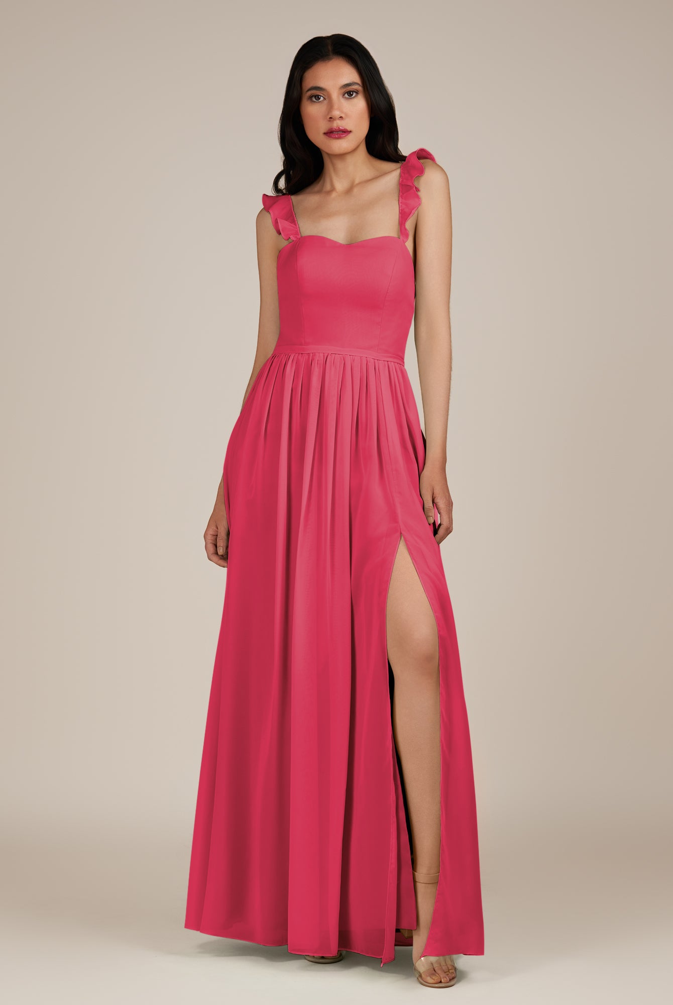 KissDress-Onyx Fuchsia A Line Sweetheart Chiffon Ruffled Long Bridesmaid Dress with Slit